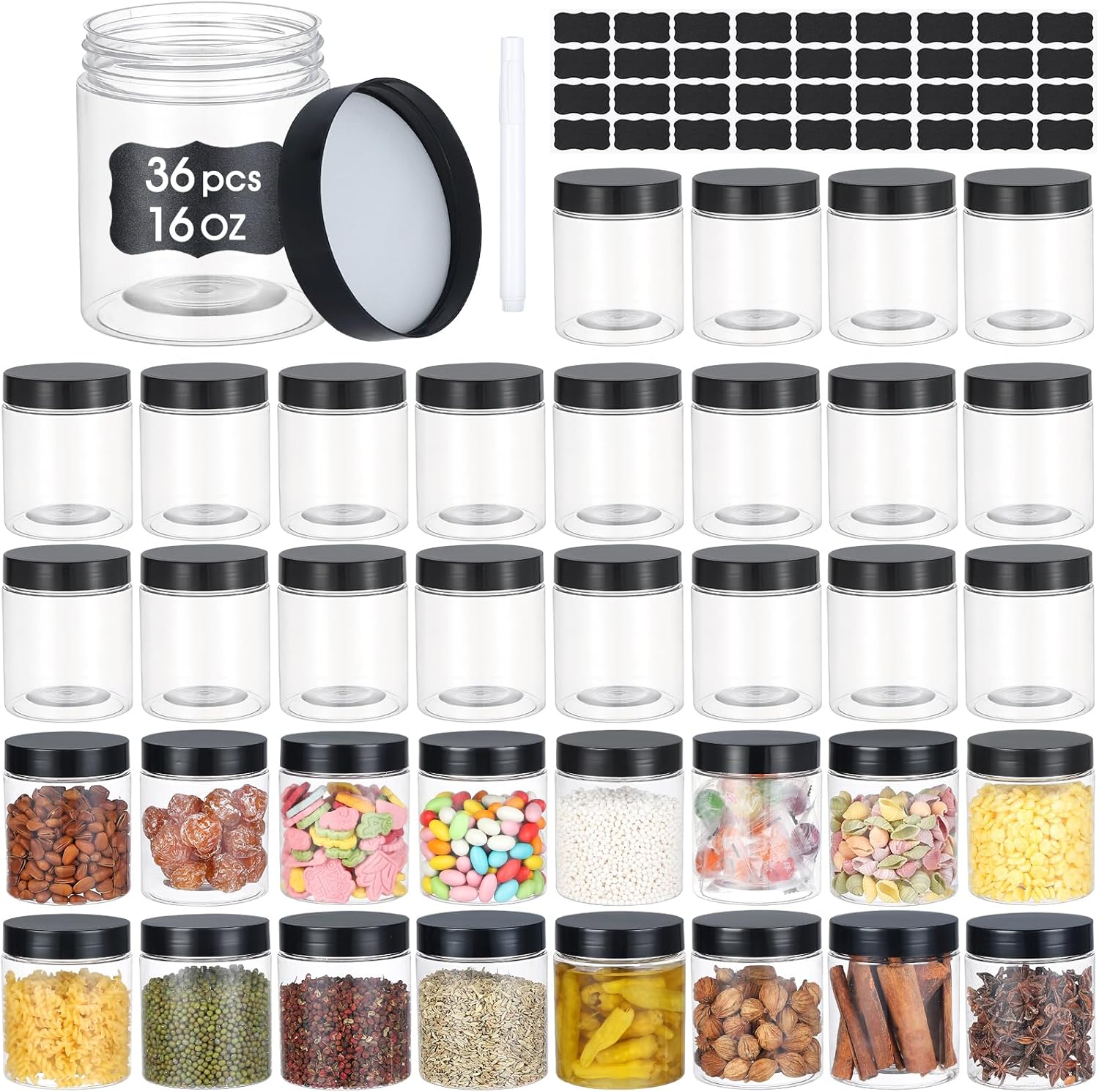 36PCS16OZ Plastic Jars with Screw On Lids, Labels Refillable Empty Round Slime Containers for Storing Dry Food, Honey Jam, Cream, Butter, Lotion (matte black)