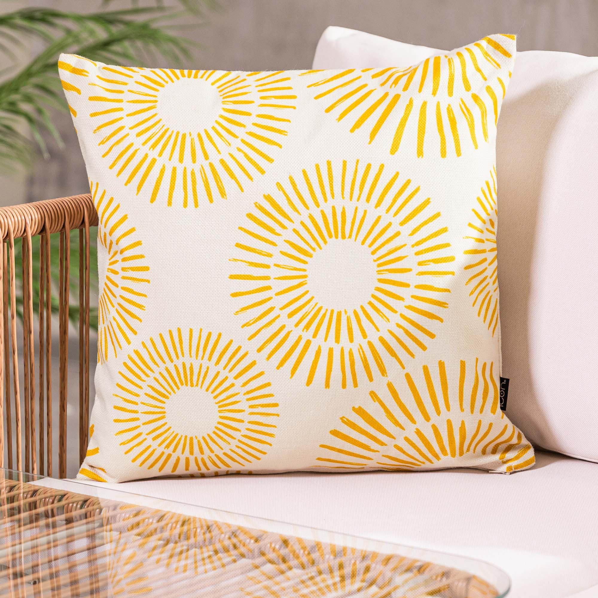 Icon Outdoor Kissen, Sonne Gedruckte Kollektion, 2er Pack, Wasserabweisend Stoff, Garten Kissen mit Füllung, 43cm x 43cm, Dekokissen für drinnen und draußen, Lounge, Garten, Terrasse