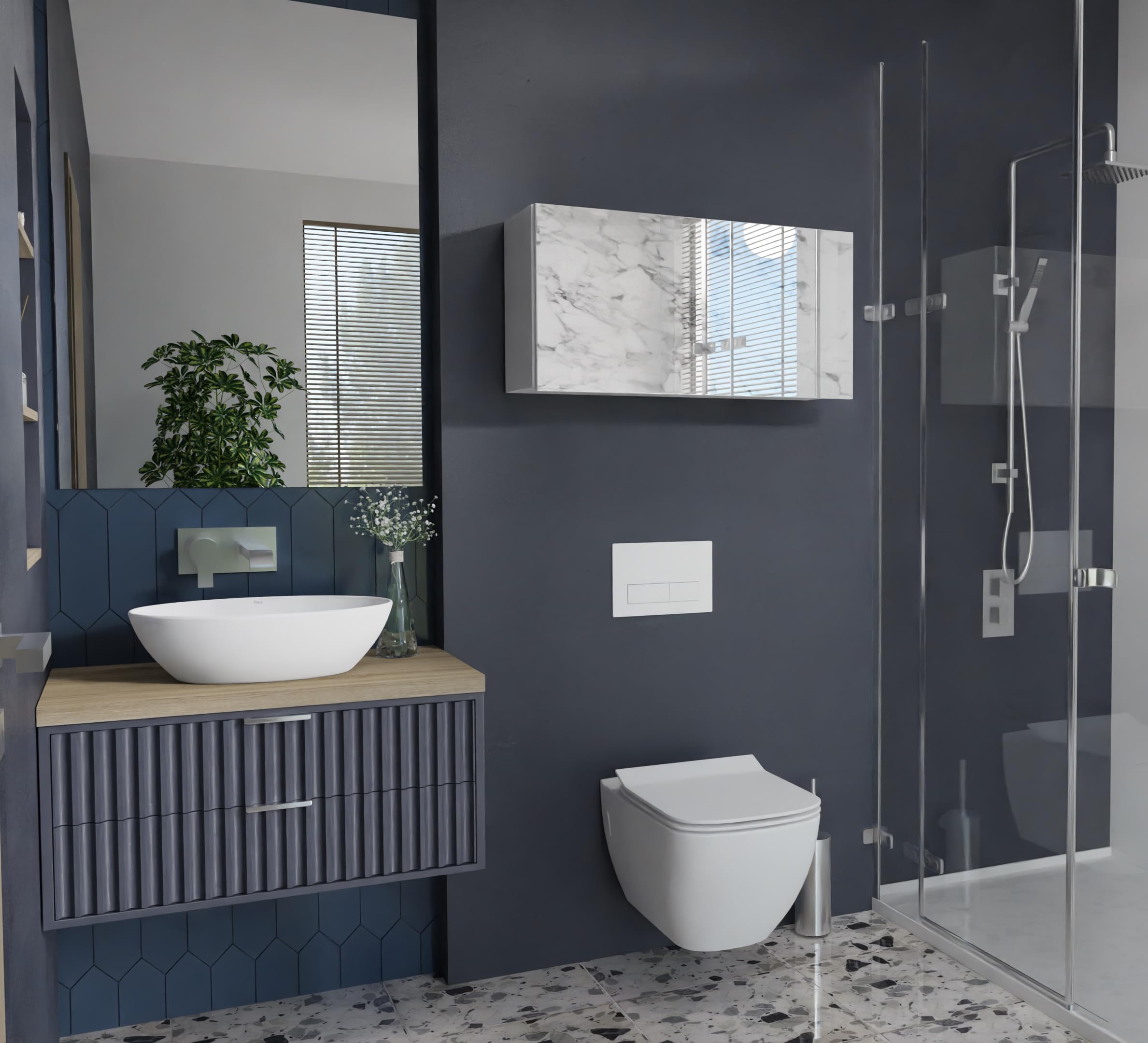 PLATAN ROOM - Armadietto da bagno, larghezza 80/120/160/200/240 cm, mobiletto da bagno pensile con anta ribaltabile (bianco opaco o marmo lucido 80 x 40 x 25 cm)
