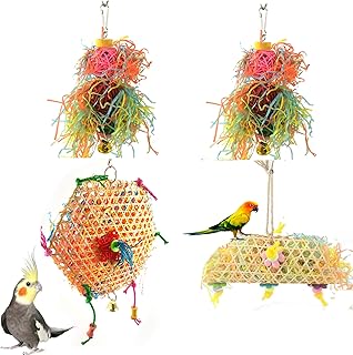 4 Pack Bird Parrots Shredding Toys, Parakeet Chewing Foraging Shredder Toy, Bird Loofah Foraging Cage Hanging Toy for Parakeets, Cockatiels, Conures, Budgie, Lovebirds, African Grey Amazon