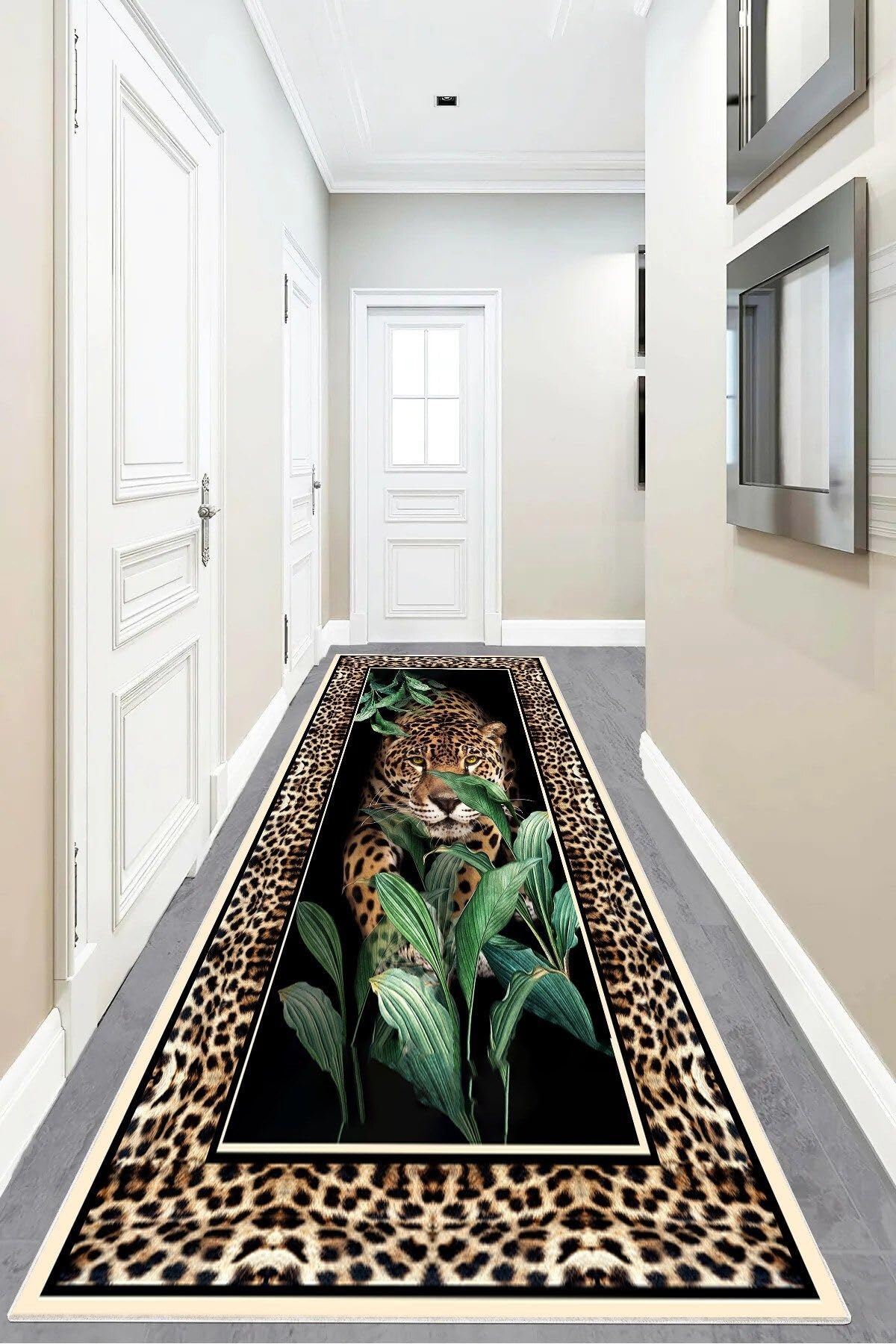 Pelangi Leopar Desenli Dijital Baskı Yıkanabilir Kaymaz Taban Modern Salon Halısı ve Yolluk, Kahverengi 80 x 200, 9555564802007
