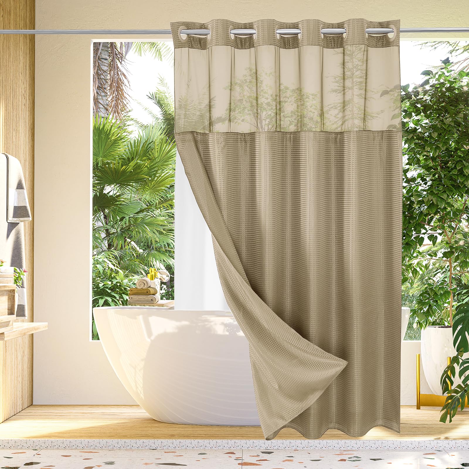 Gibelle No Hook Waffle Weave Shower Curtain with Snap-in Fabric Liner Set for Bathroom, Hotel Style with Mesh Top Window, Waterproof & Washable, Beige, 72x74