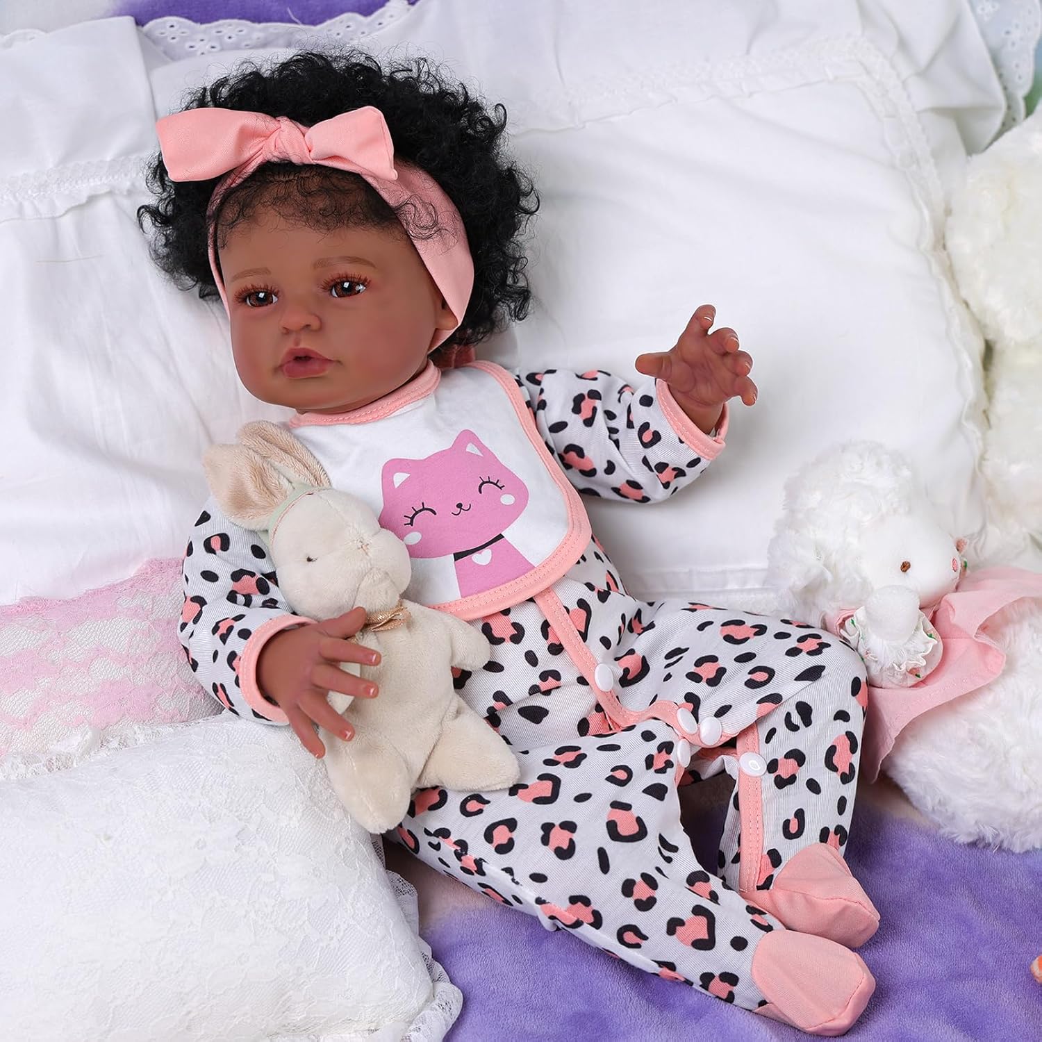 BABESIDE Reborn Baby Doll Clothes Set – Leopard Print Realistic Baby Doll Outfit with Bow Headband & Kitty Bib – Baby Doll Accessories for 17-22 Inch Dolls