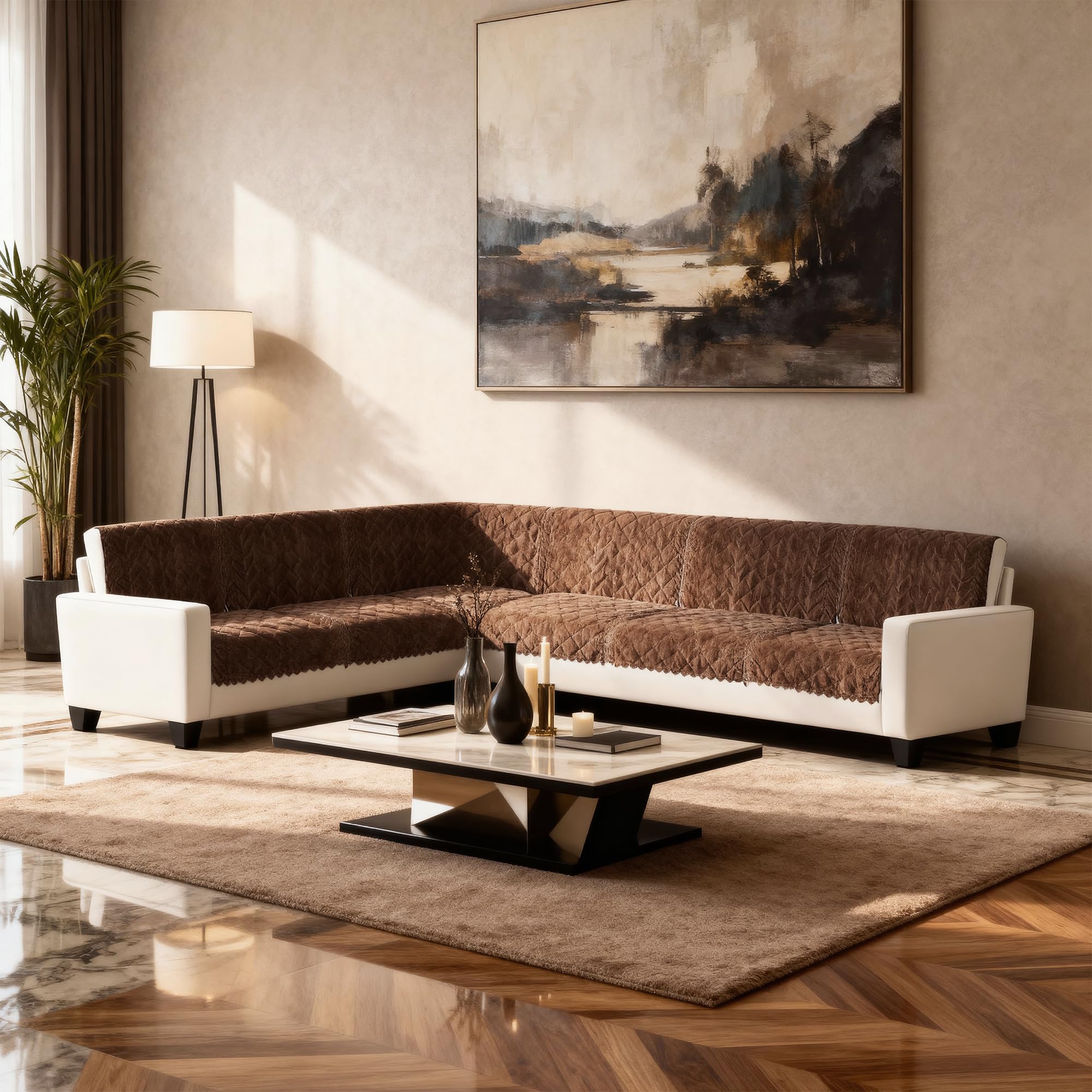 Reversible Quilted Sofa Cover Dark Leher Style Dark Brown and Beige Ivory | Anti-Slip 6 Seater L-Shape Sofa Protector with Golden Thread & Leaf Design for Sofa Seat-picture-27