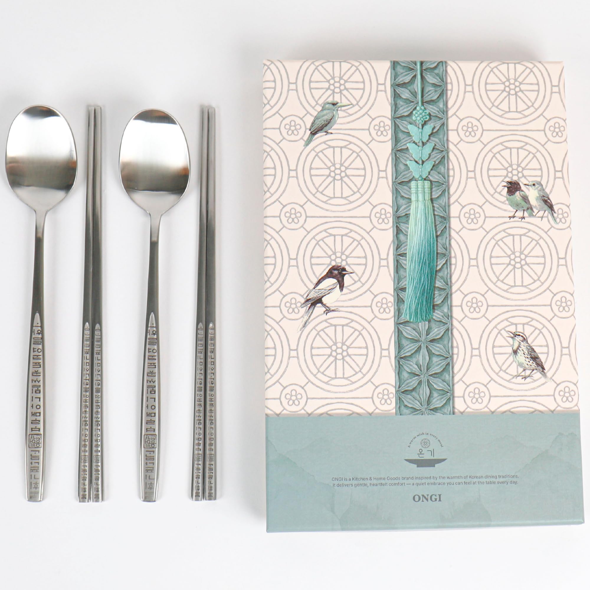 ONGI Korean Spoon and Chopstick 2 Set – Premium 18/10 Stainless Steel – Hangul Design – Gift-Ready – Made in Korea – Dishwasher Safe (Yongbi Silver 2 Set)