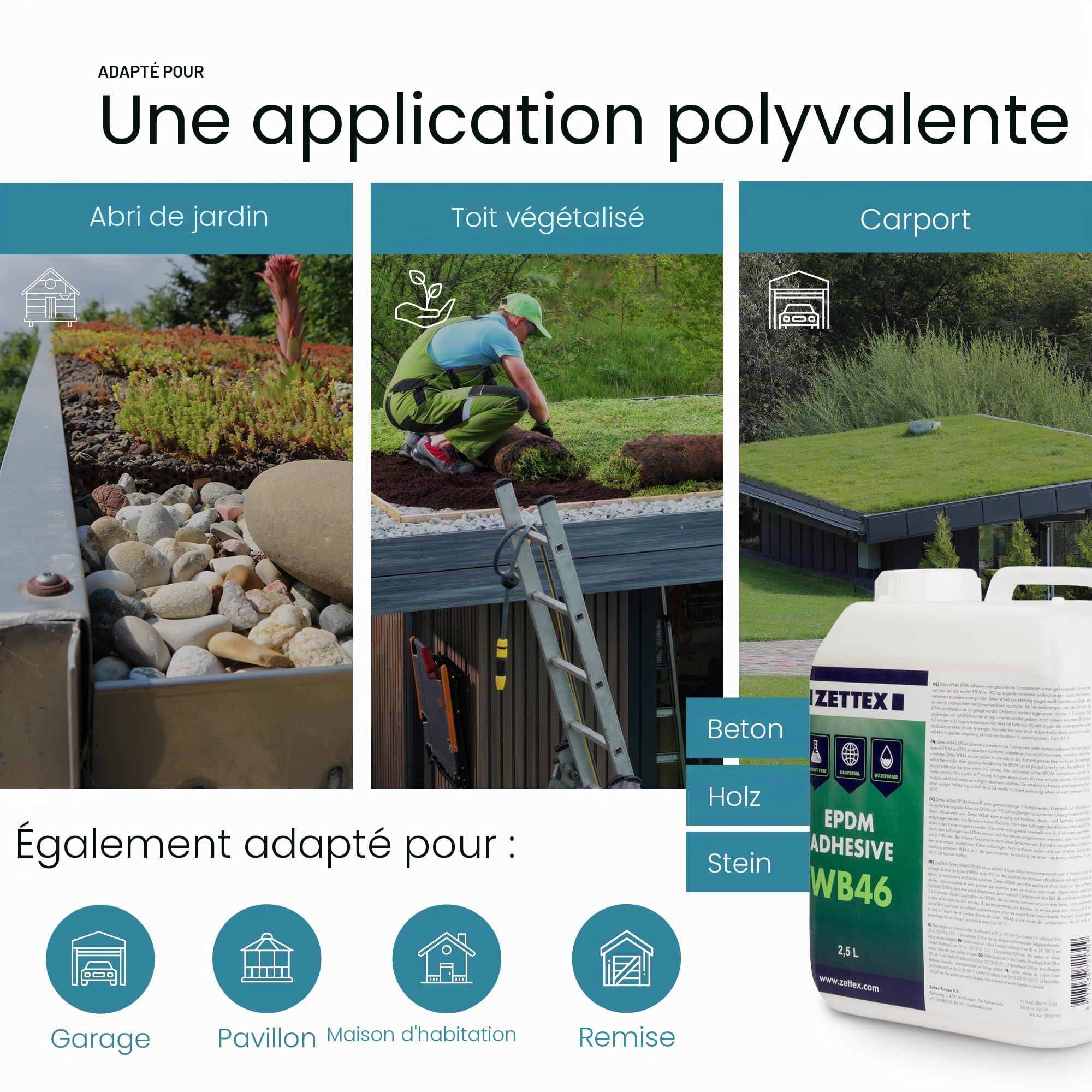 EPDM Colle WB46 - 2,5 L - Blanc - Sans Solvant & À Base D'eau - Pour Bois, Béton & Maçonnerie - Résistant À L'eau