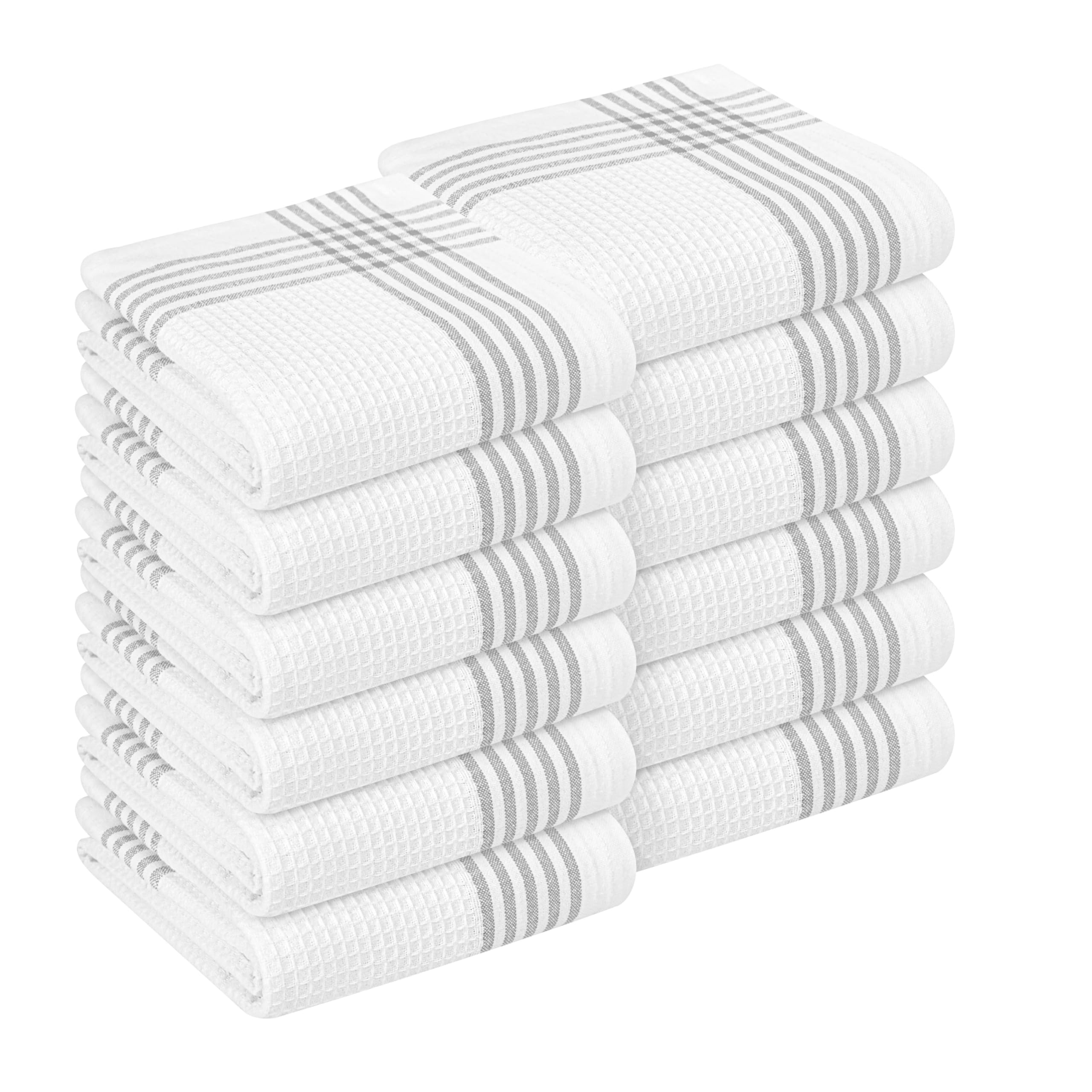 Paquete de 12 toallas de cocina de algodón gris y blanco, 16 x 26 pulgadas, tejido de gofre, secado rápido, absorbentes, duraderos, para secar, limpiar, cocinar, uso diario en la