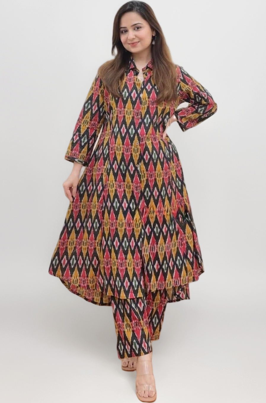 Leriya Fashion Women's Anarkali Rayon Floral Printed Kurta Pant Set | High-Low Hem & 3/4 Sleeves | Ethnic Co-ord for Festive & Casual Wear | Co ord Set For Women Stylish | 2 Piece Dress For Holiday Look & Puja