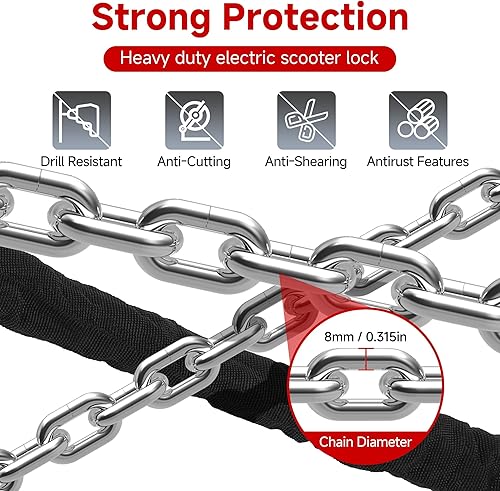 Miniatura 6 de Candado eléctrico resistente para scooter con bolsa de scooter, bloqueo de cadena antirrobo de 0.236 in, seguridad resistente a la intemperie de