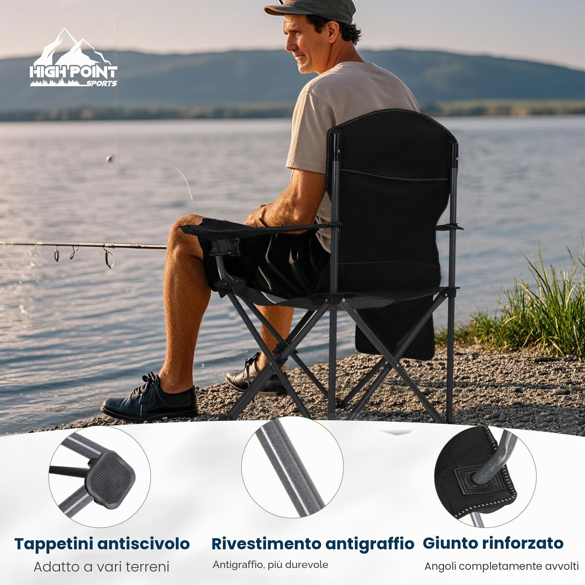 HIGH POINT SPORTS Sedia Pieghevole da Campeggio Nero-Grigio 160KG Sedia da Campo Portatile e Resistente con Portabicchieri Sedia da Pesca