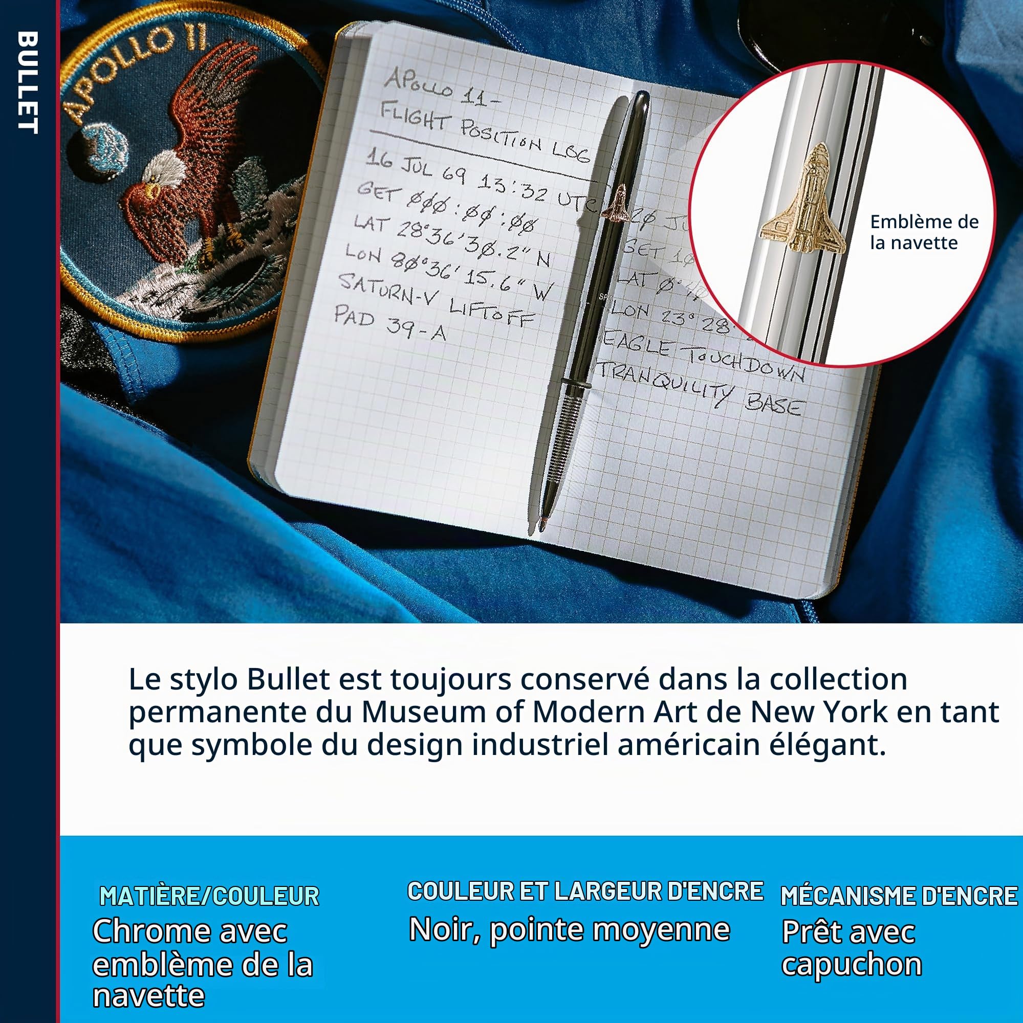 Stylo Fisher Space Bullet chromé et écusson Shuttle avec boîte