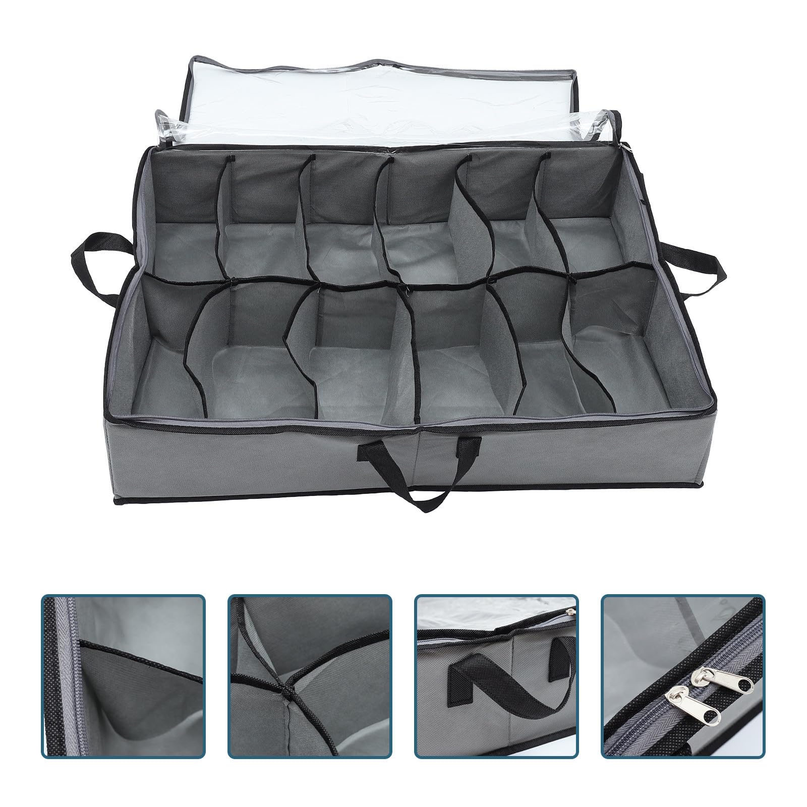SHINEOFI Contenitore Scarpe Pieghevole con 12 Scomparti per Letto e Armadio | Capacità Ampia, Maniglia Lunga, Tessuto Non Tessuto e Pe, Grigio, con Coperchio Trasparente