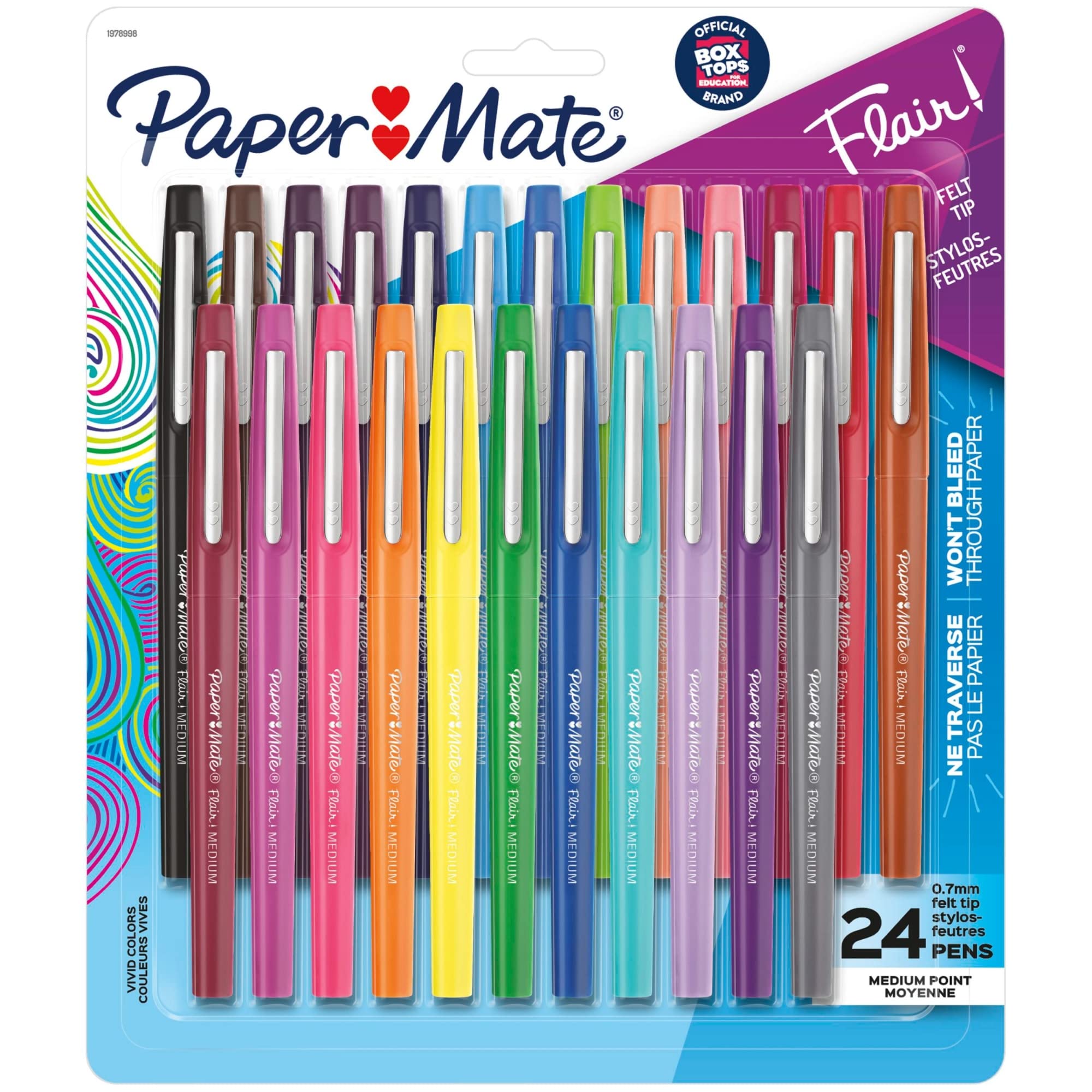 Paper Mate Flair Felt Tip Pens, Medium Point, Assorted Colors, 24 Count - Home, Office, Back to School, Teacher Supplies