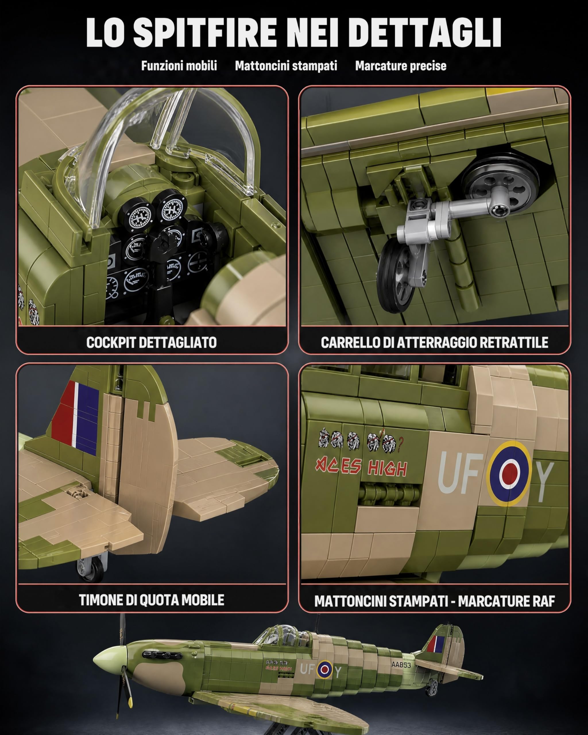 Revell Brick System 00962 Iron Maiden Spitfire MK.II Aces High - Kit modellino in mattoni, scala 1:18, non costruito, 52,5 cm di lunghezza, oltre 2.500 pezzi, include statuetta Eddie, espositore e