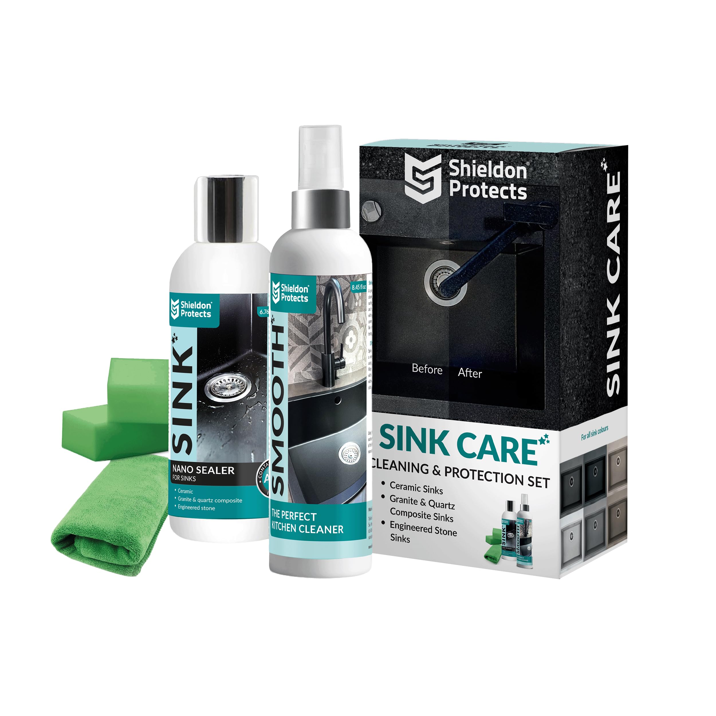 Composite Sink Sealer Set by Shieldon Protects for Granite, Quartz, & Composite Kitchen Sink - Waterproof Sealer, Cleaning Spray for All Sink Colours