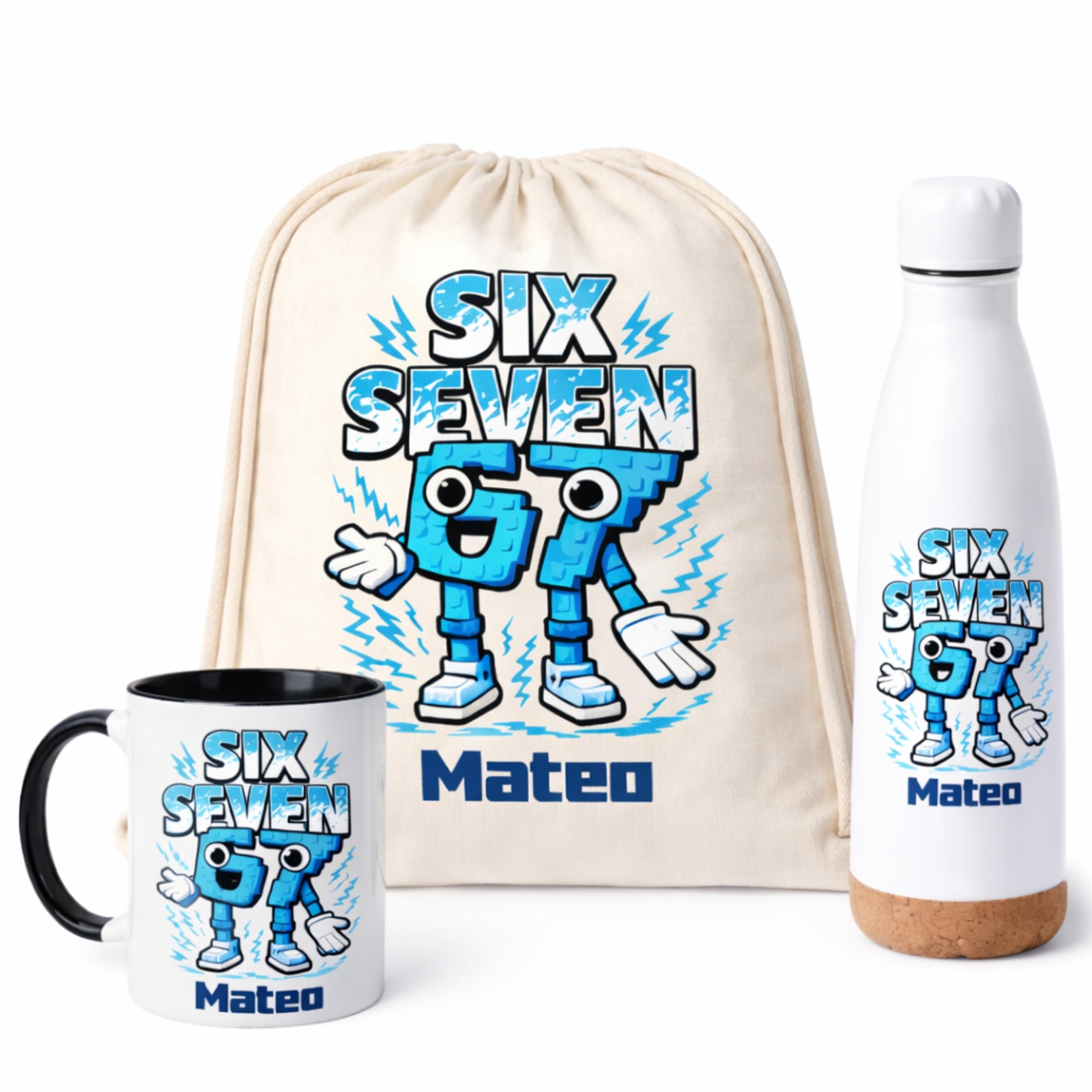 Gifters | Pack Regalo Personalizado Niño SIX SEVEN | Mochila de Cuerdas + Termo + Taza con Nombre | Kit Escolar Infantil | Regalo Original Niño, Cumpleaños, Navidad y Comunión | Pack Vuelta al Cole