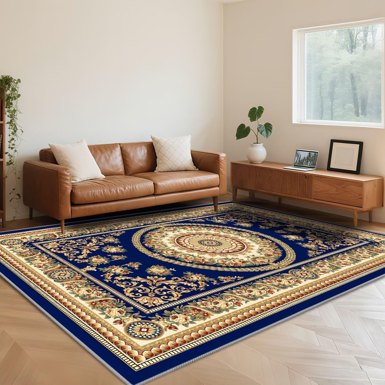 Tapis antidérapant pour chambre et salon au motif doux bleu marine