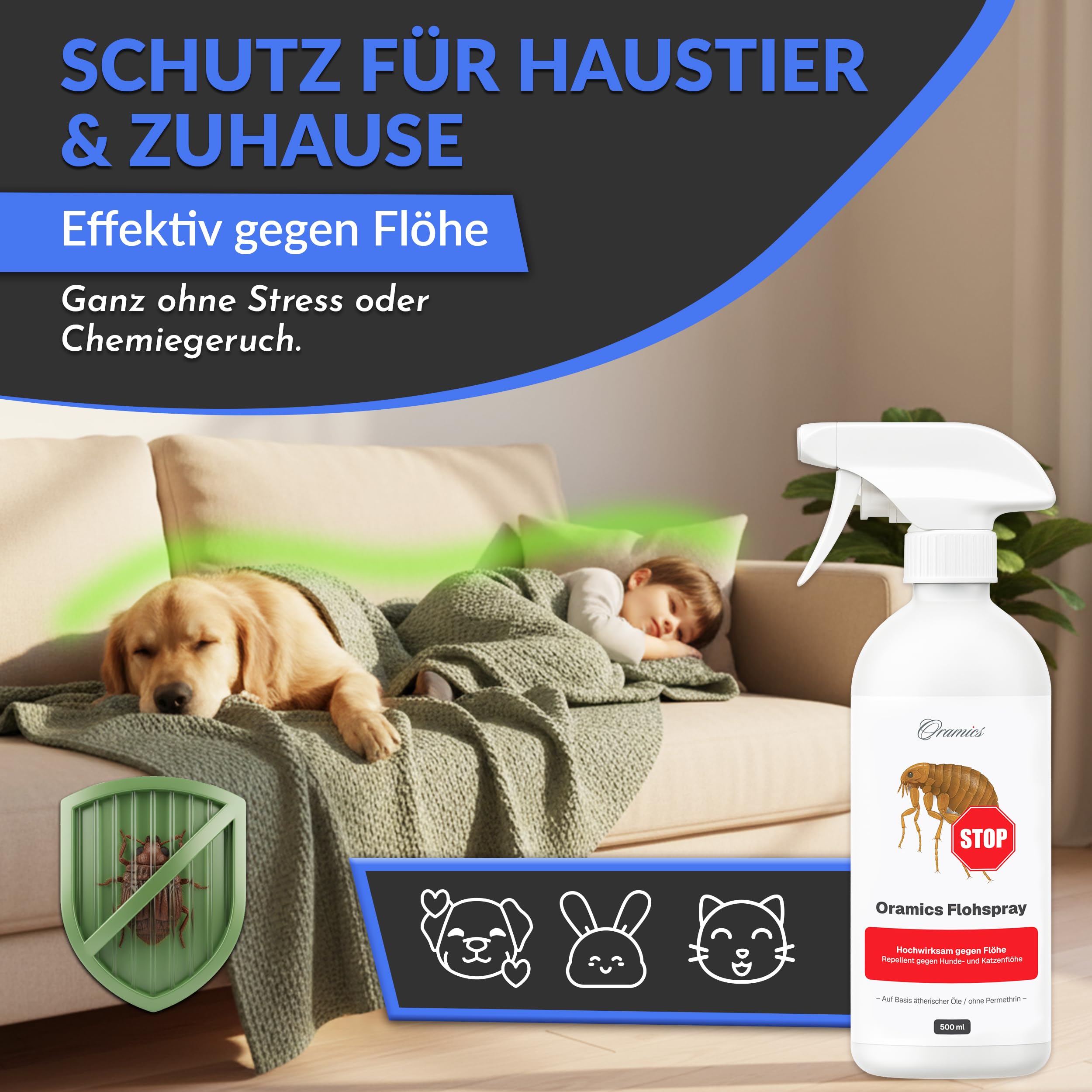 Oramics Flohspray für Wohnung & Möbel – Effektives Umgebungsspray gegen Flöhe, Zecken & Milben – Langzeit Ungezieferspray & Flohmittel für Katzen- & Hunde-Zubehör (Sofortwirkung)