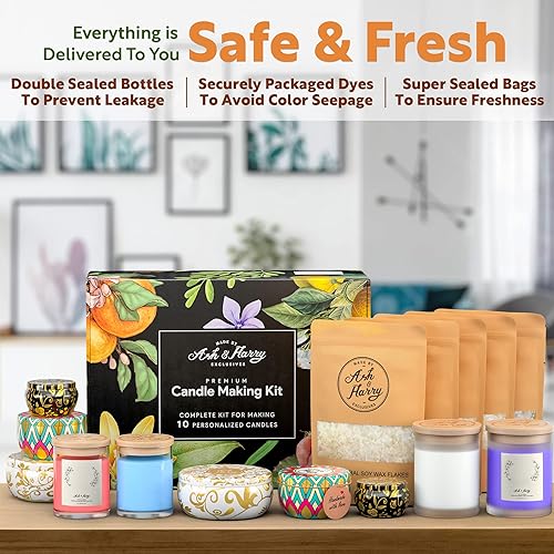 Miniatura 6 de ASH & HARRY Kit de fabricación de velas de soja prémium para adultos, juego de regalo completo con 10 latas y tarros de alta calidad, suministros de