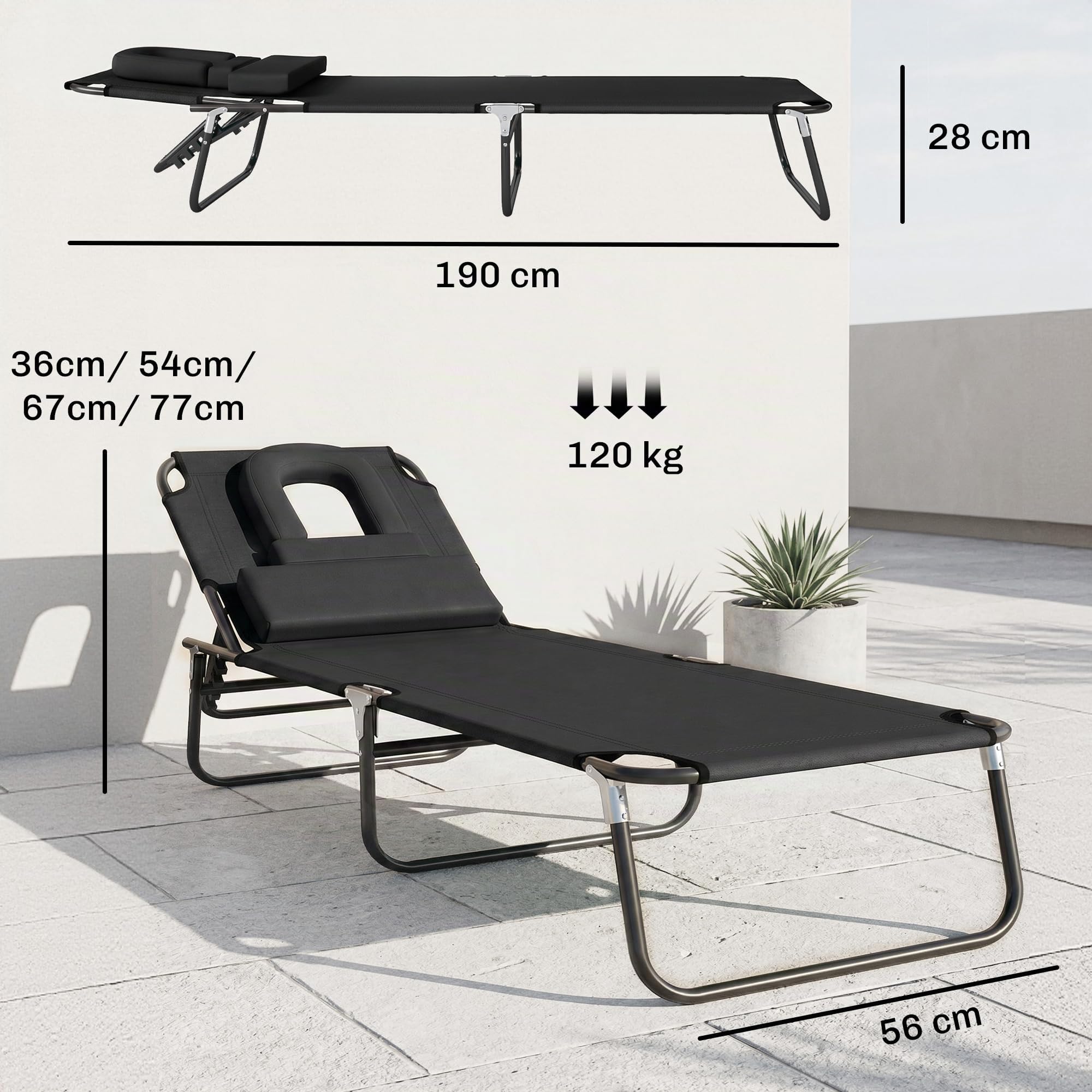 HOMCOM Transat de Jardin Chaise Longue Pliante Bain de Soleil Noir