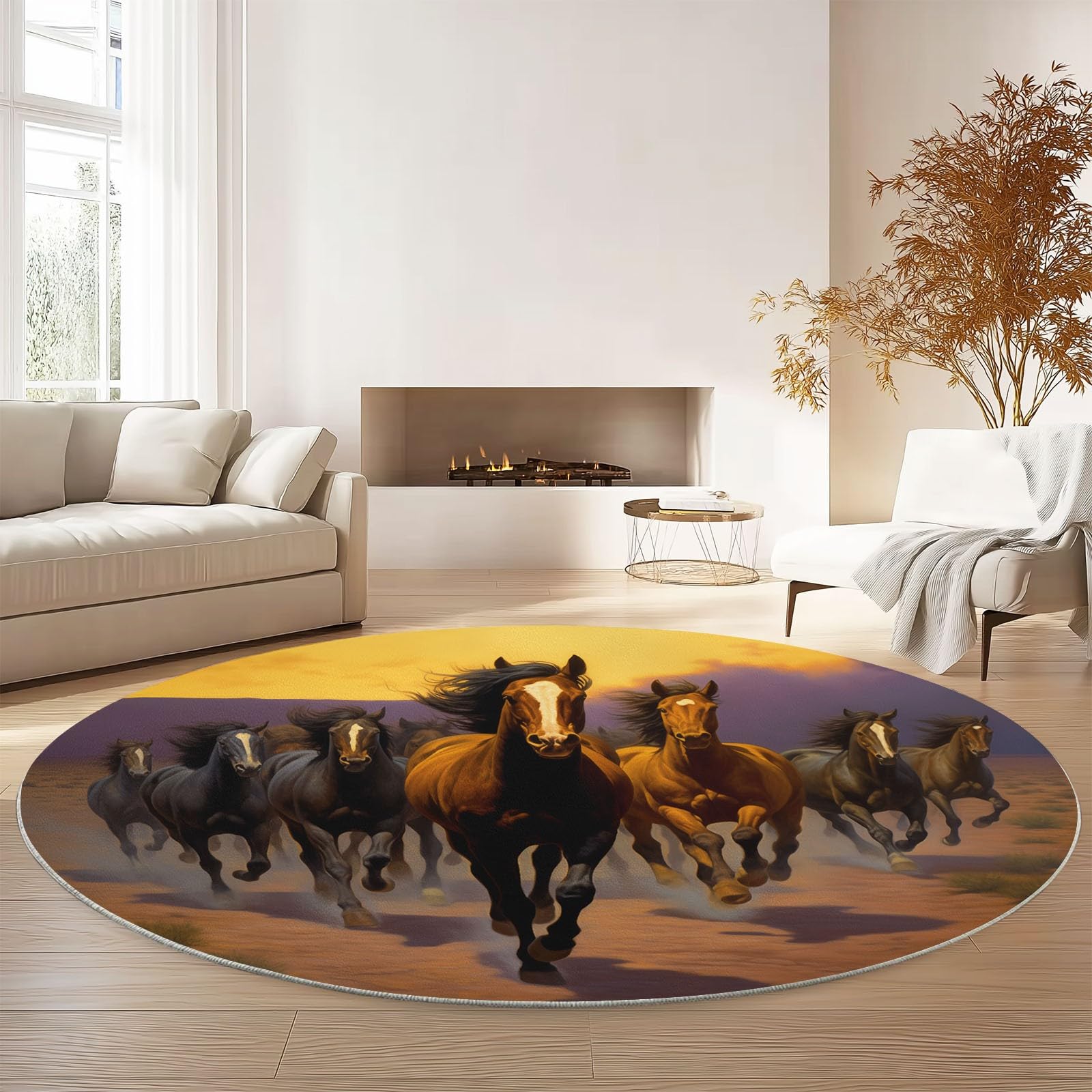 Tappeto Rotondo da 150 cm a Pelo Corto, con Stampa di Animali (Cavallo), Antiscivolo e Anti-Perdita di Pelo, Ideale per Soggiorno, Camera da Letto, cameretta dei Bambini, Ufficio e