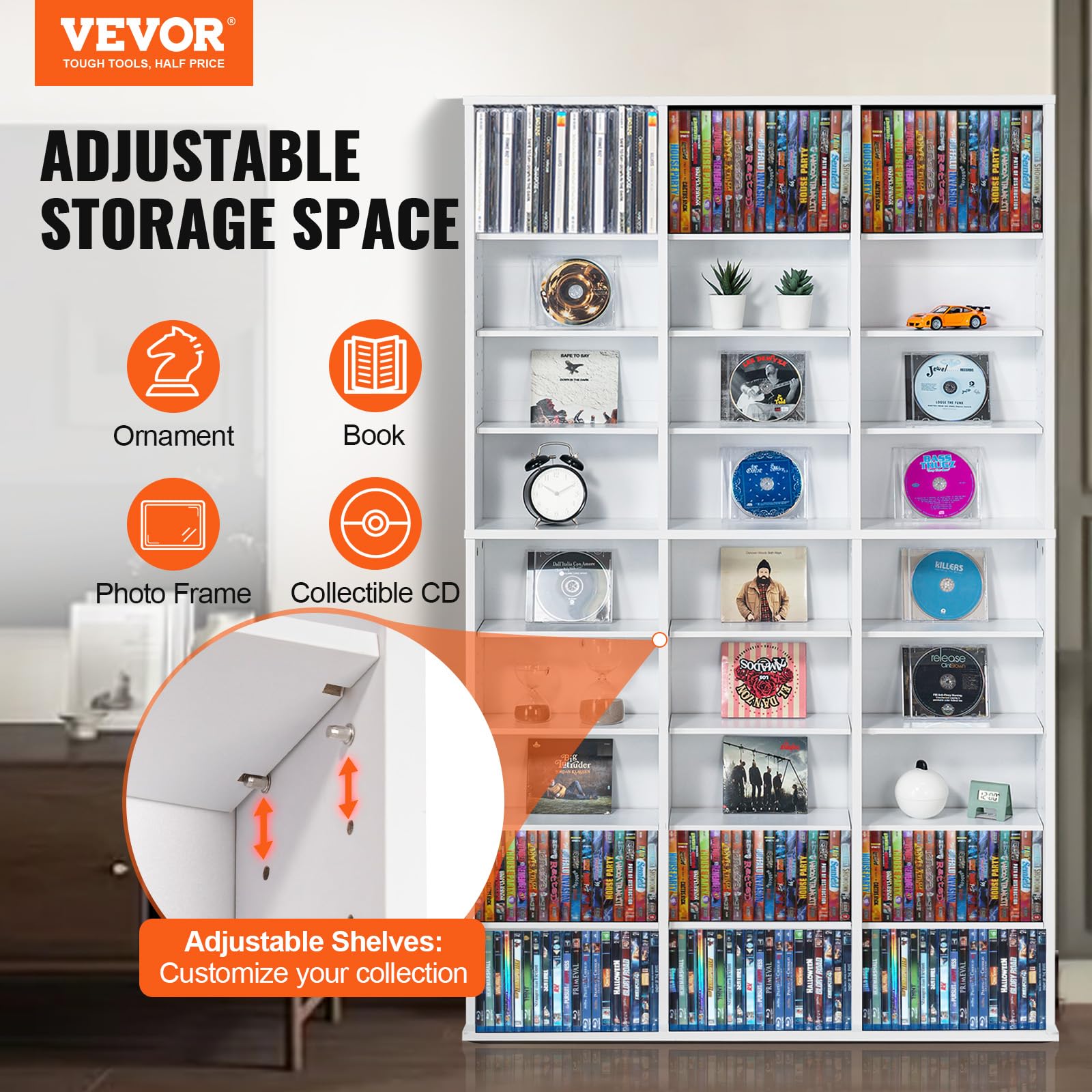 VEVOR Medienaufbewahrungsschrank CD-Regal, 9-lagiges DVD-Regal für bis zu 756 CDs, verstellbare CD-Regale mit 27 Fächern, organisiert Musik-, Film-, Videospiel- oder Erinnerungssammlungen, weiß