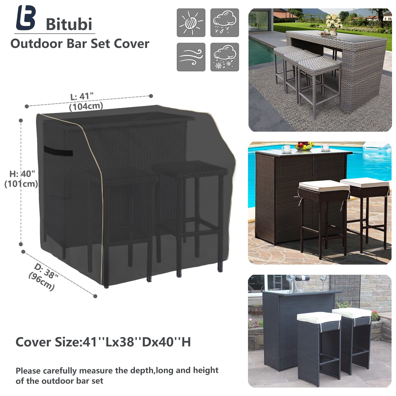 Bitubi 41 Inch Outdoor Bar Set Cover 600D Oxford Cloth Classic Black Heavy Duty Waterproof Patio Bar Set Cover Wicker Bar Table Set Covers