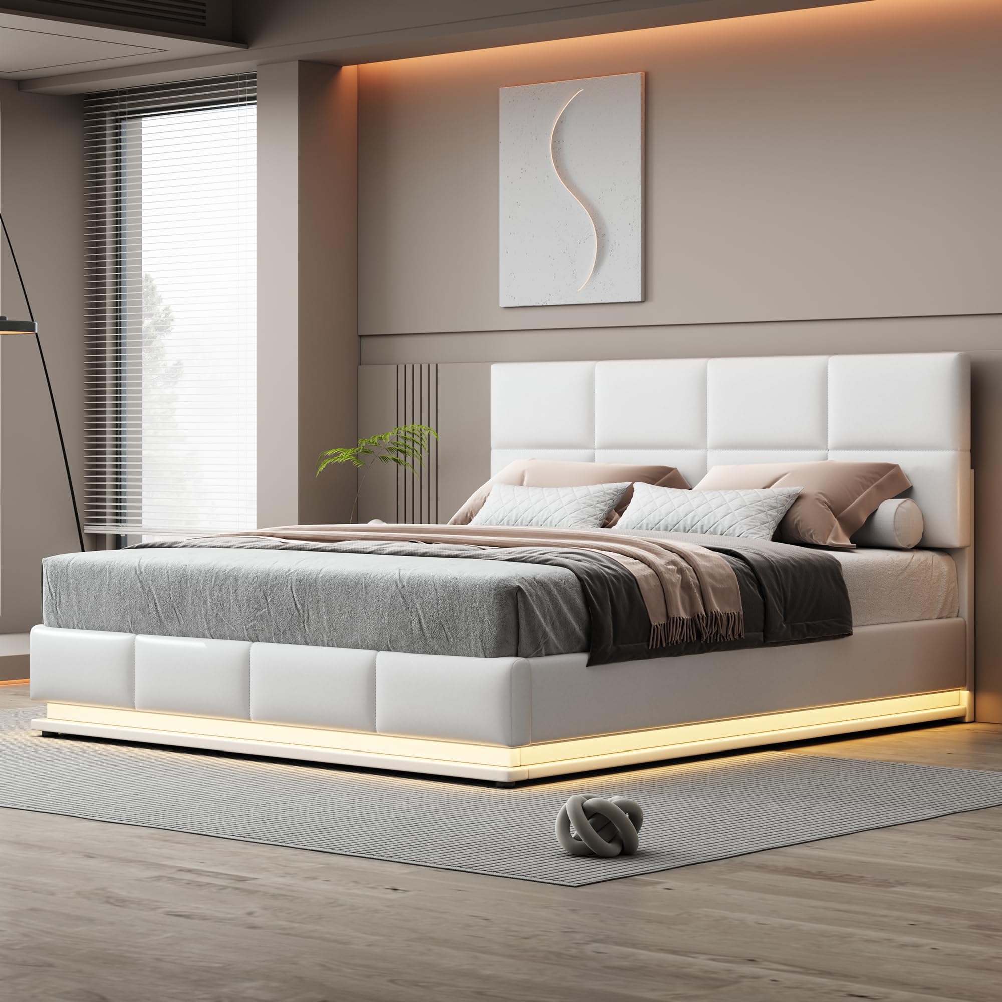 Merax Cama acolchada hidráulica de 180 x 200 cm, con espacio de almacenamiento, cama con iluminación LED, para jóvenes, adultos, piel sintética, color blanco (sin colchón)