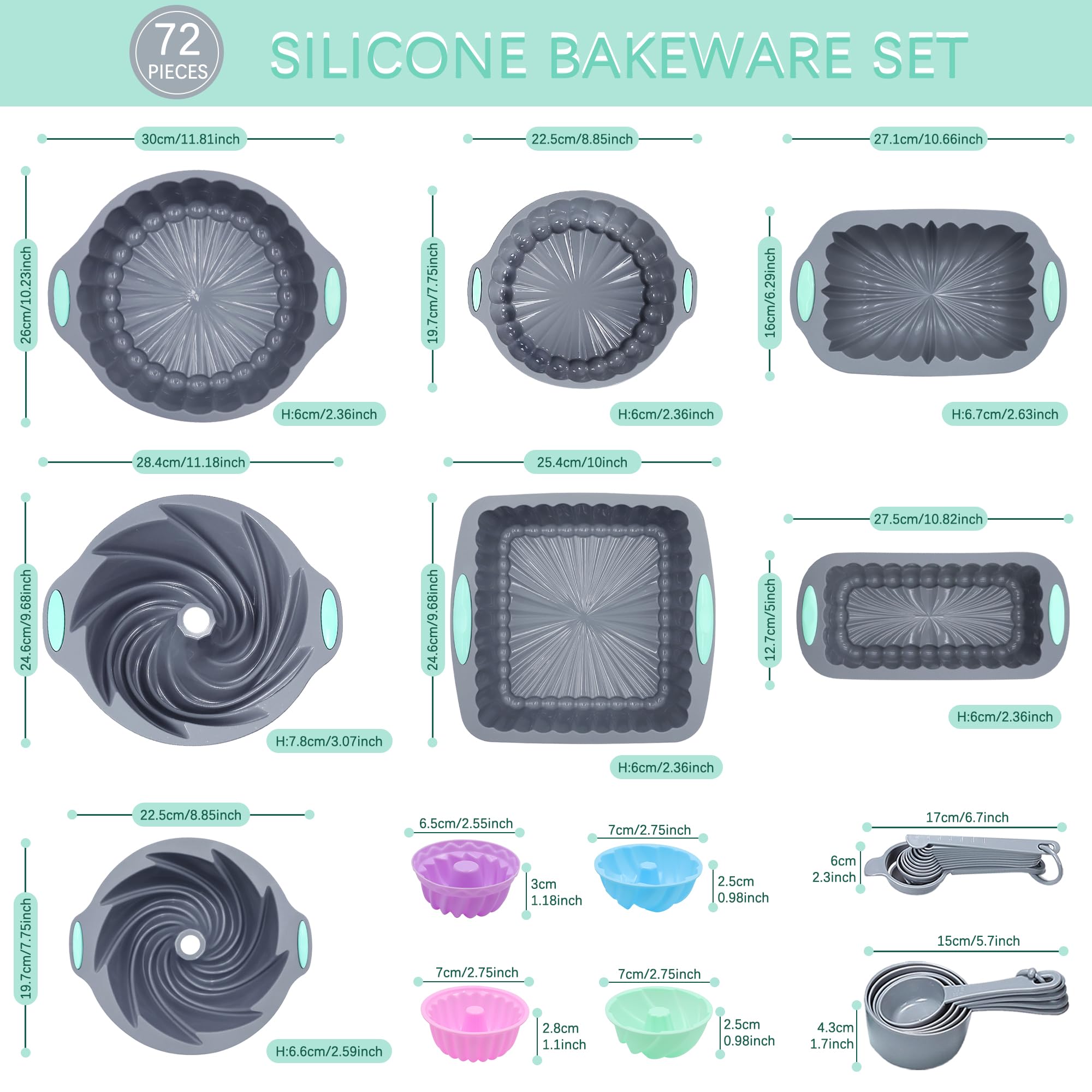 Tongjude 72 Stück Silikon-Backformen Set, Antihaft-Backformen Set, Easy Release Backofen Silikonpfanne für die Küche mit Kuchenformen, Laib Pfannen, Backformen, Messbecher und Löffel Set, grau