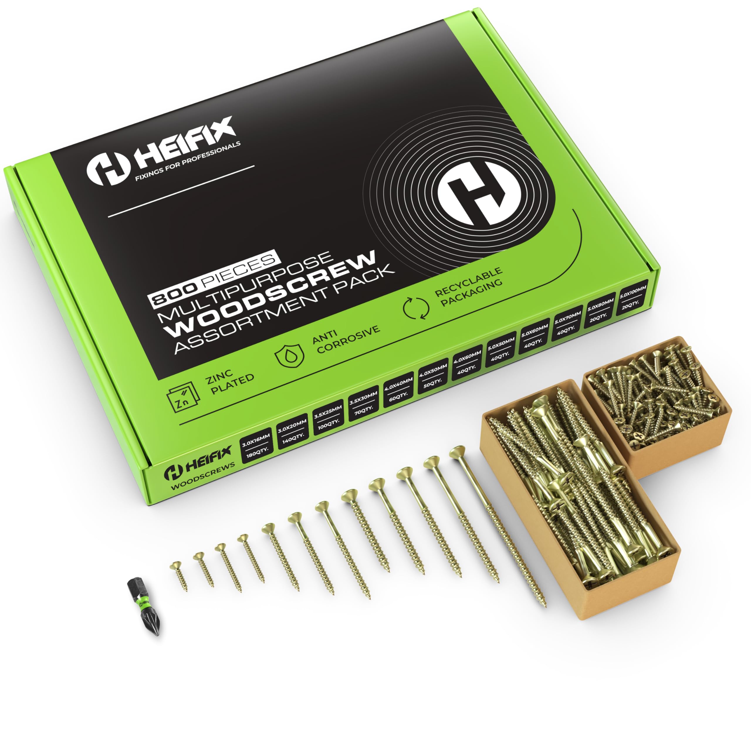Heifix 800-Piece Wood Screw Assortment Set In Eco Storage Box, FREE Screw Bit Included, Double Countersunk, Pozi, Heavy Duty - Image 3