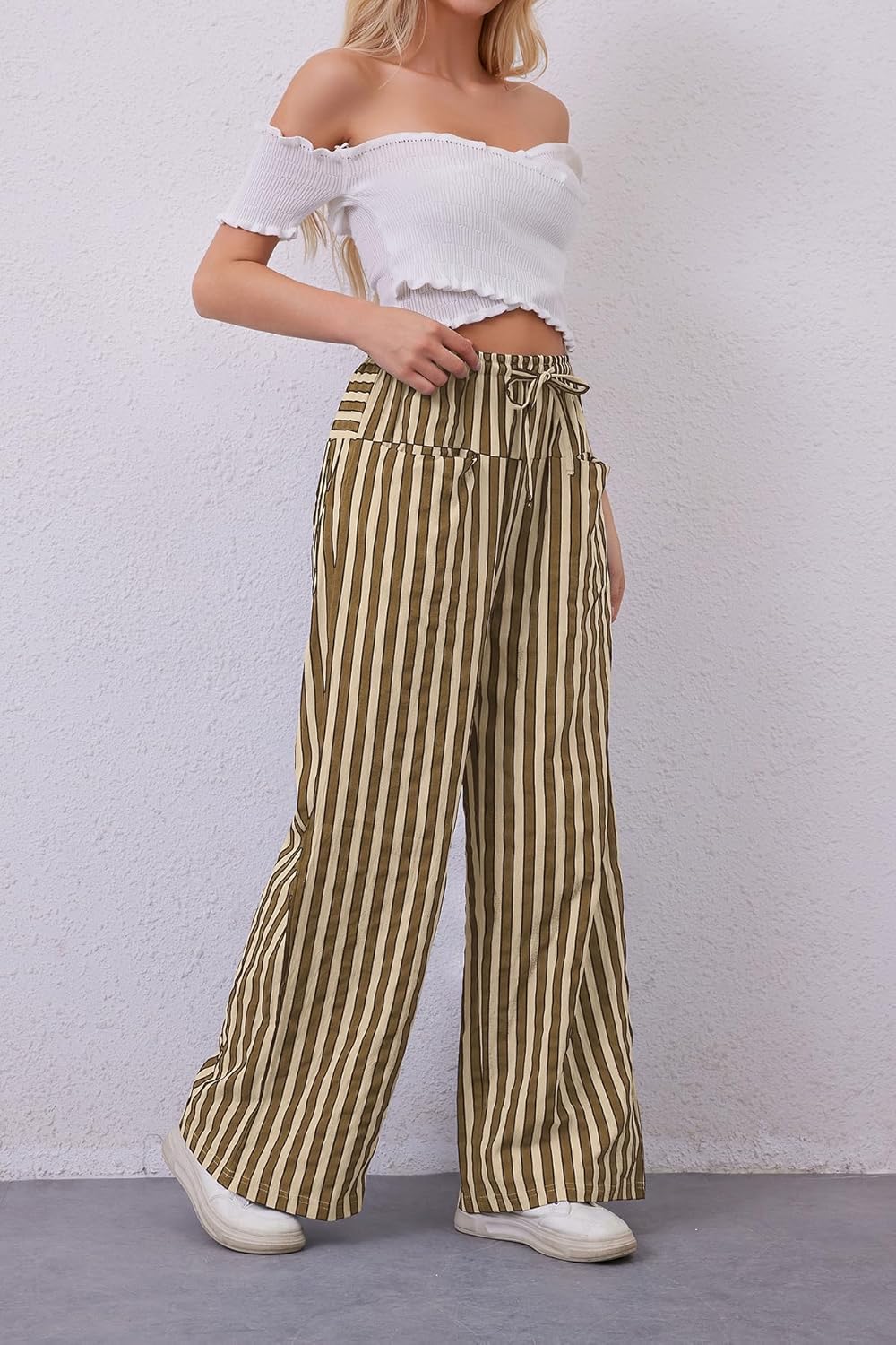 MISSACTIVER Women Drawstring Striped Pants Loose Wide Leg Trousers Casual Low Waist Pants Comfy Lounge Pants with Pockets - Image 7