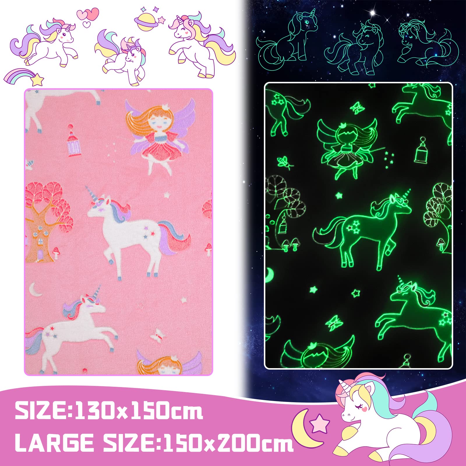 HSGLGNA Coperta per bambini, con unicorno, luce al buio, idea regalo per ragazze, super morbida e calda, coperta da letto, con unicorno, colore: rosa (unicorno 05, 150 x 200 cm)