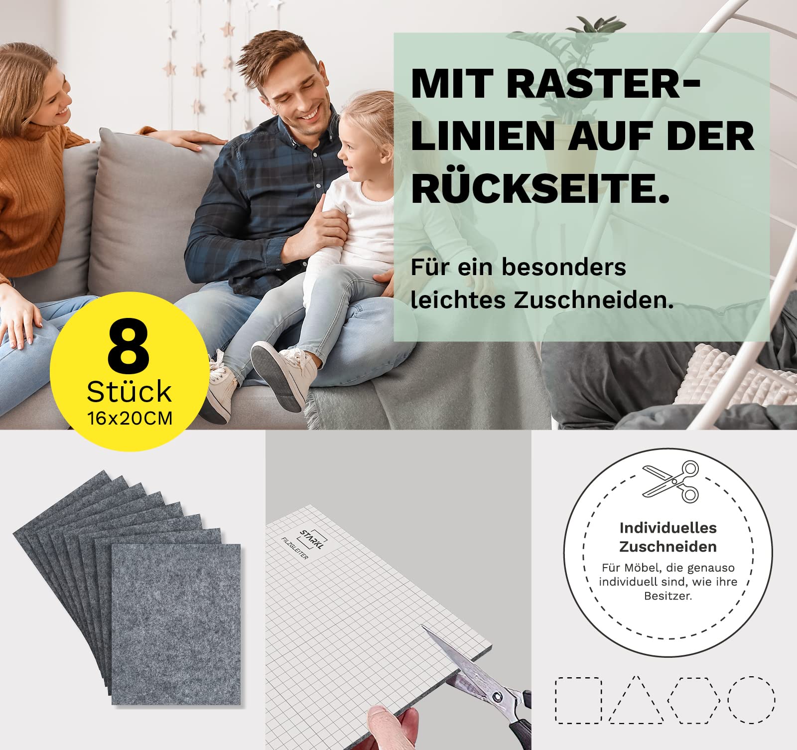 LIUYIDM Selbstklebende Filzgleiter, 8 Stück, 4mm Stärke, 16x20cm - Stuhlgleiter Für Möbelschutz