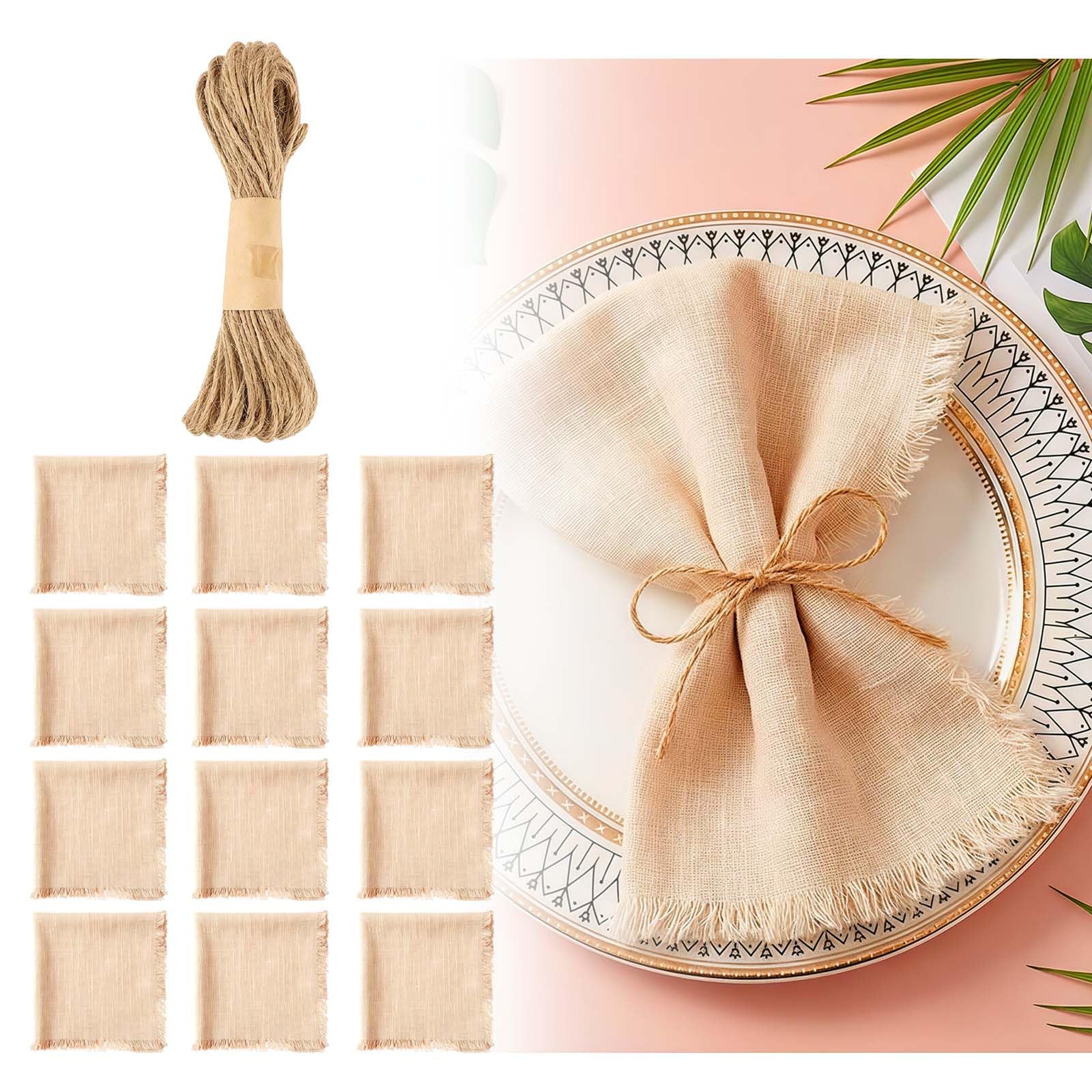 12 sztuk serwetek materiałowych beżowych z frędzlami, bawełna, serwetki lniane, muślin, serwetki wielokrotnego użytku, styl boho, z 10 m sznurkiem, dekoracja stołu, 42 cm, na imprezy, wesele