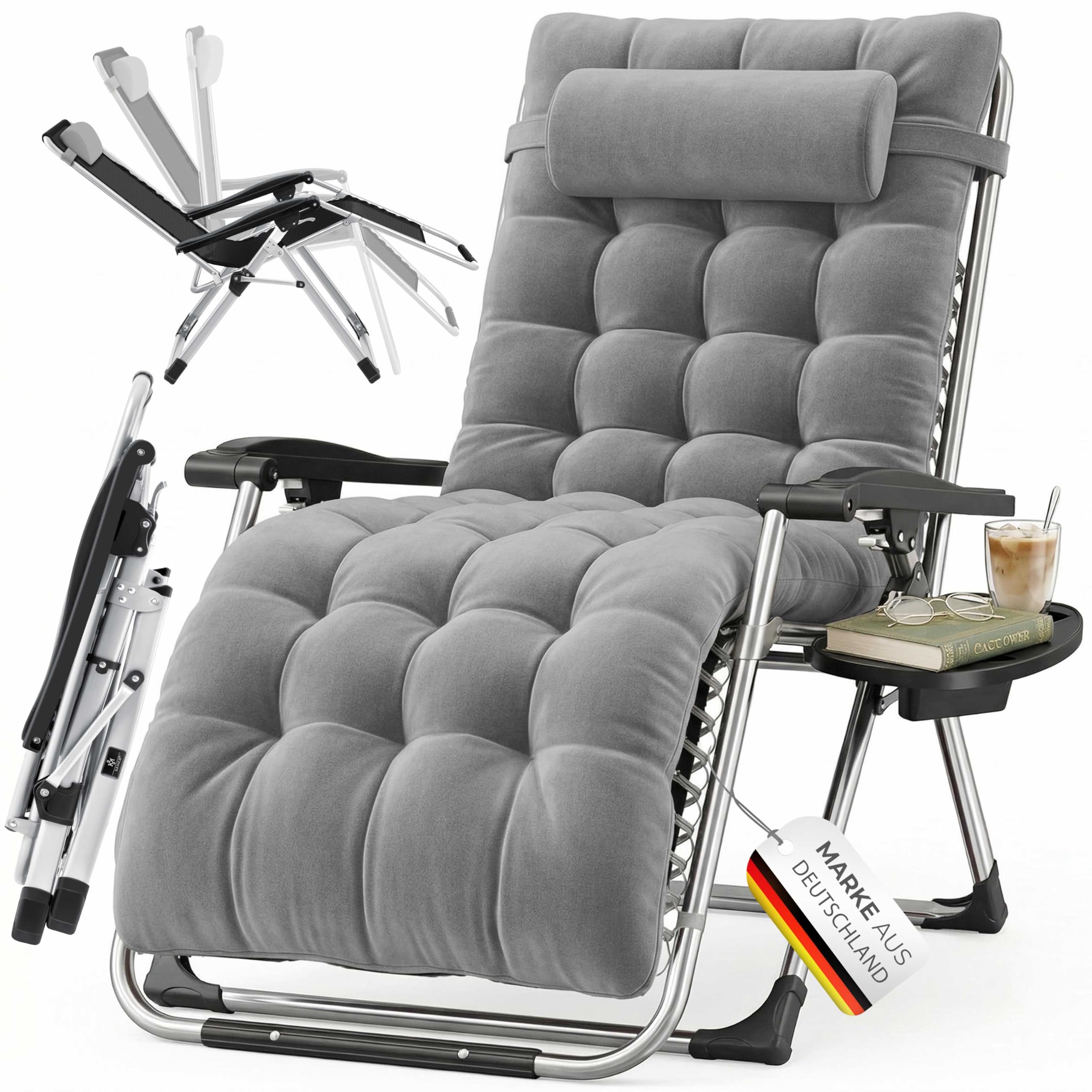 KESSER® Sonnenliege Liegestuhl Klappbar & Wetterfest, Gartenstuhl Belastbar 200kg Ergonomisches Polster Extra Breit Verstellbare Rückenlehne Gartenliege inkl. Nackenkissen & Getränkehalter, Grau