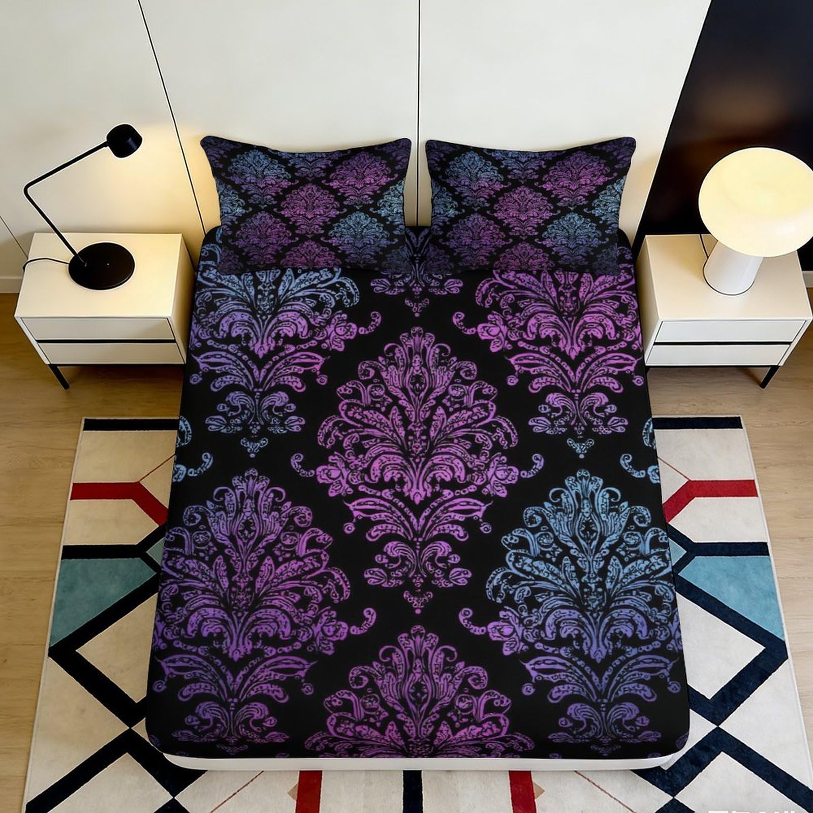 Uxinyoume Style-7 3D Printed Baroque Floral Fitted Sheet Microfiber Purple Black Damask Mattress Cover For Bedroom Guest Room Decor 90X200x25cm