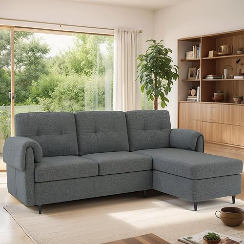 79" Convertible Sectional Couches, 3 Seat L Shaped Couch with Storage Chaise, Linen Upholstered Convertible Sofa Couches, Small Couch for Living Room, Apartment and Small Space, Darkgrey