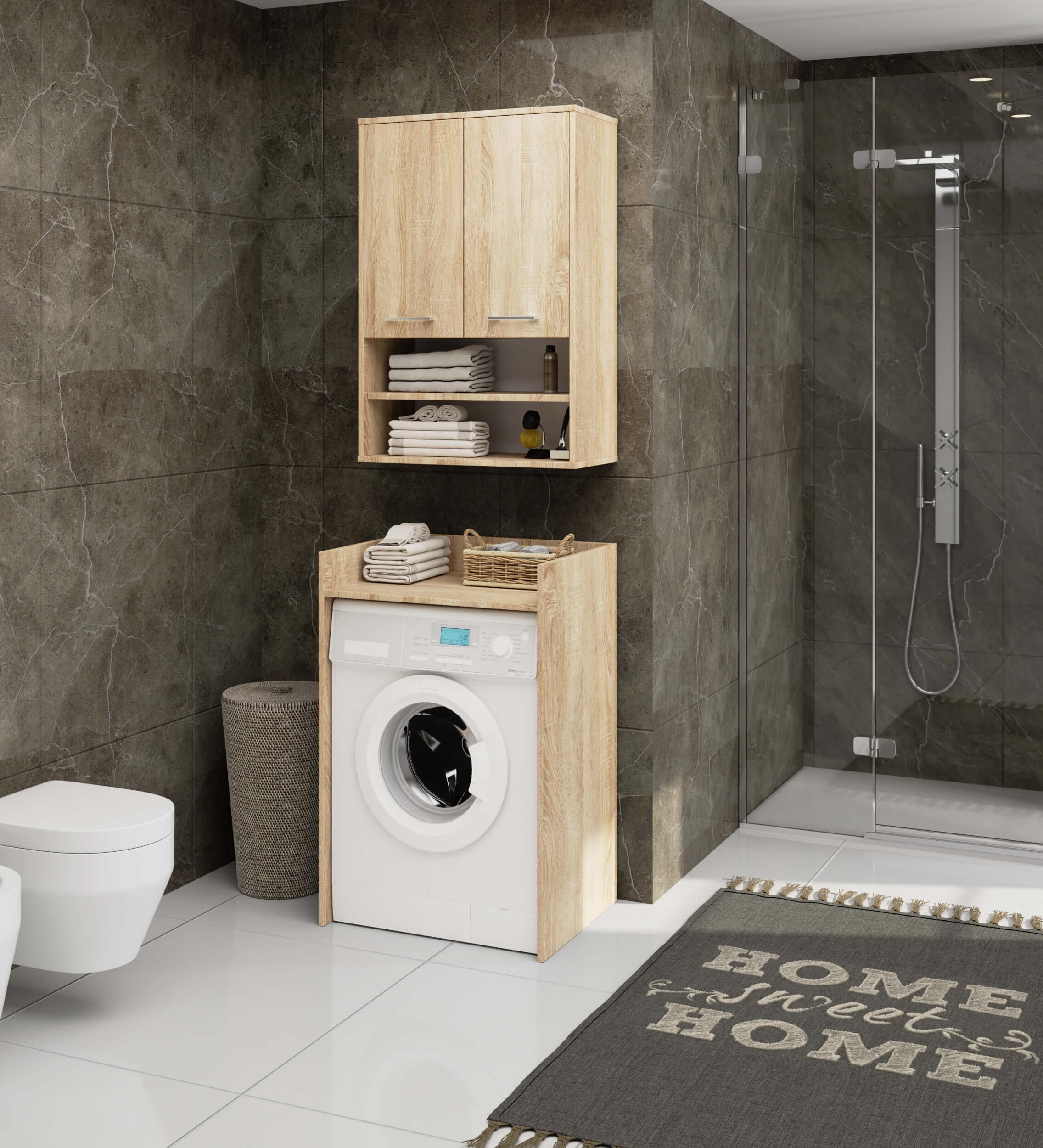 AKORD Meuble Salle de Bain Suspendu Fin 64 cm - 2 Portes, 2 Étagères 2 Compartiments Ouverts - Meuble Haut WC Meubles Suspendus - Armoire Murale Moderne 64x94x30 cm - Chêne de Sonoma