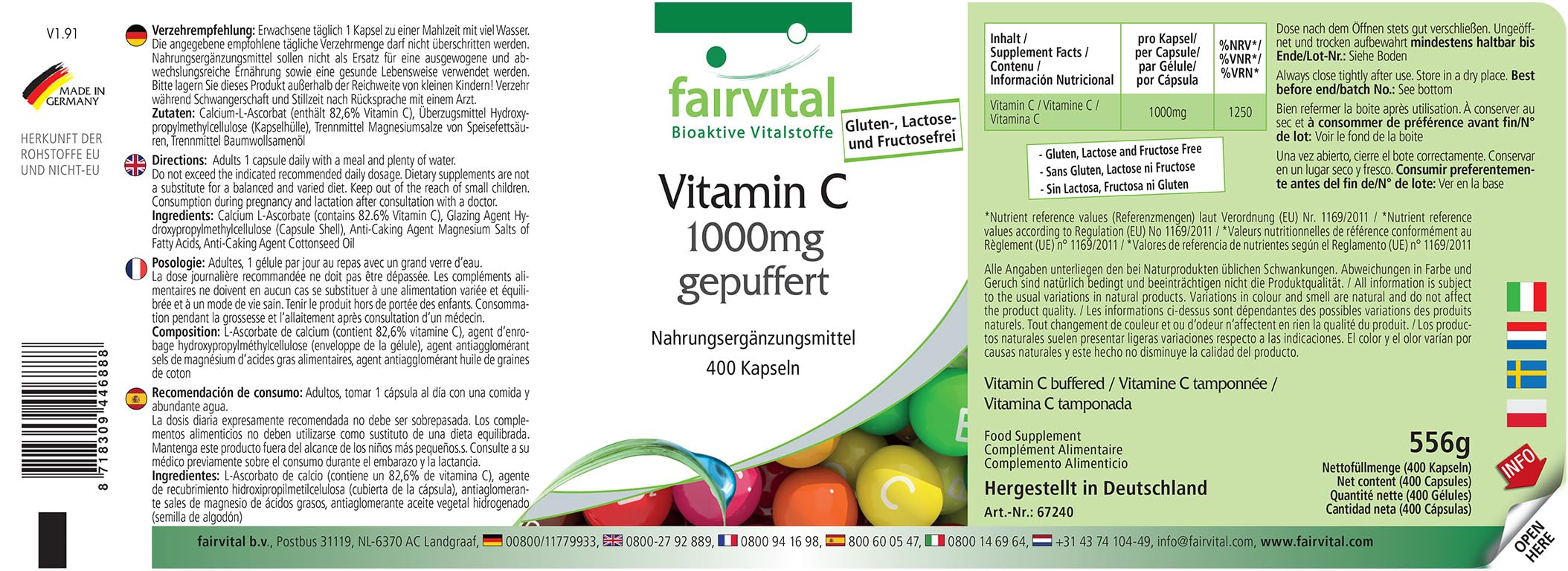 fairvital Vitamina C tamponata 1000 mg ad alto dosaggio, 400 capsule, VEGANA, delicata per lo stomaco, ascorbato di calcio