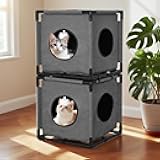 2-Story Cat House for Indoor Cats - Large Cat Cave Bed with Soft Velvet Pad and Fluffy Ball，Stable and Easy to Assemble Kitty Fort, Muti-Functional Cat Condo， Grey