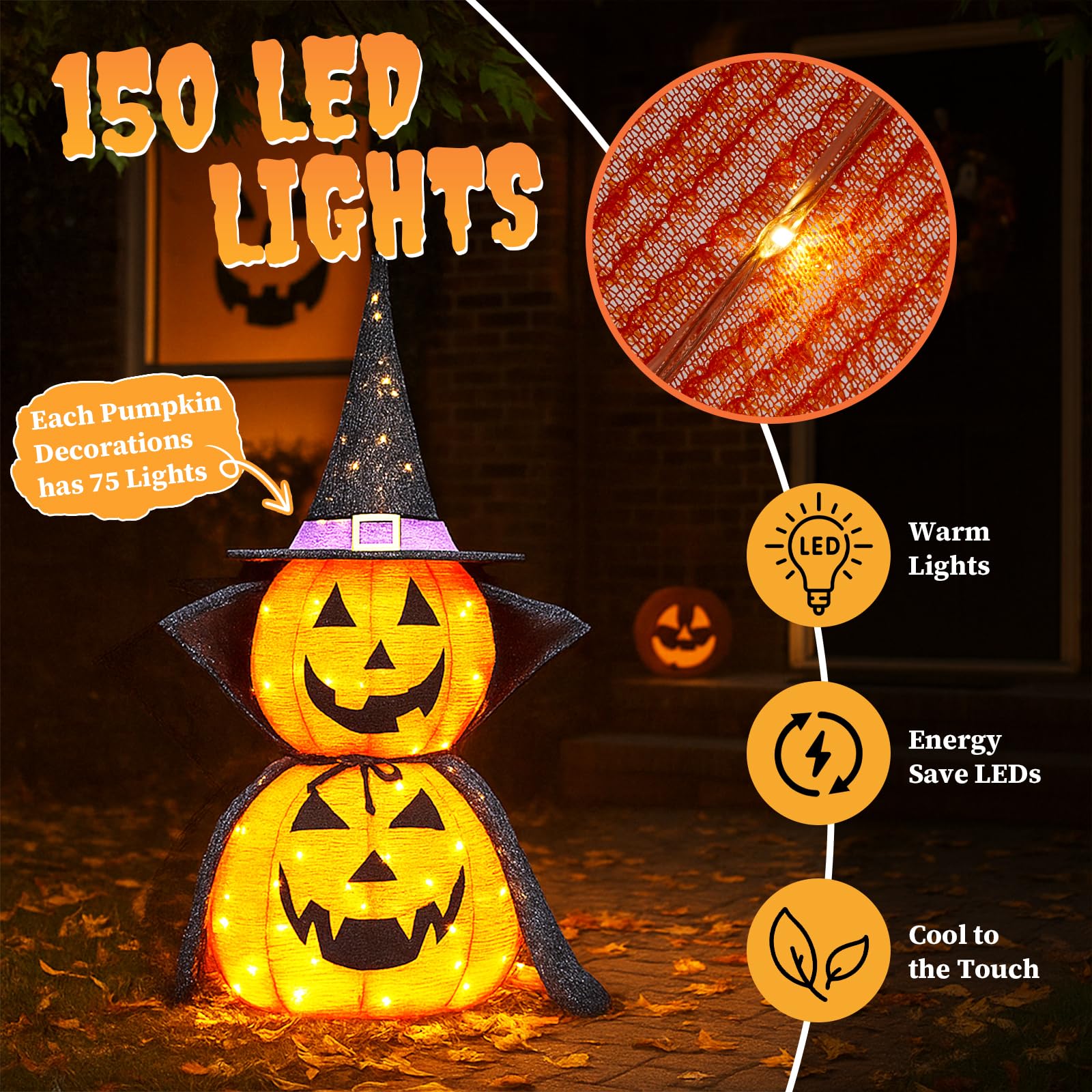 2 zucche Decorative Luminose Pieghevoli da 90 cm per Halloween
