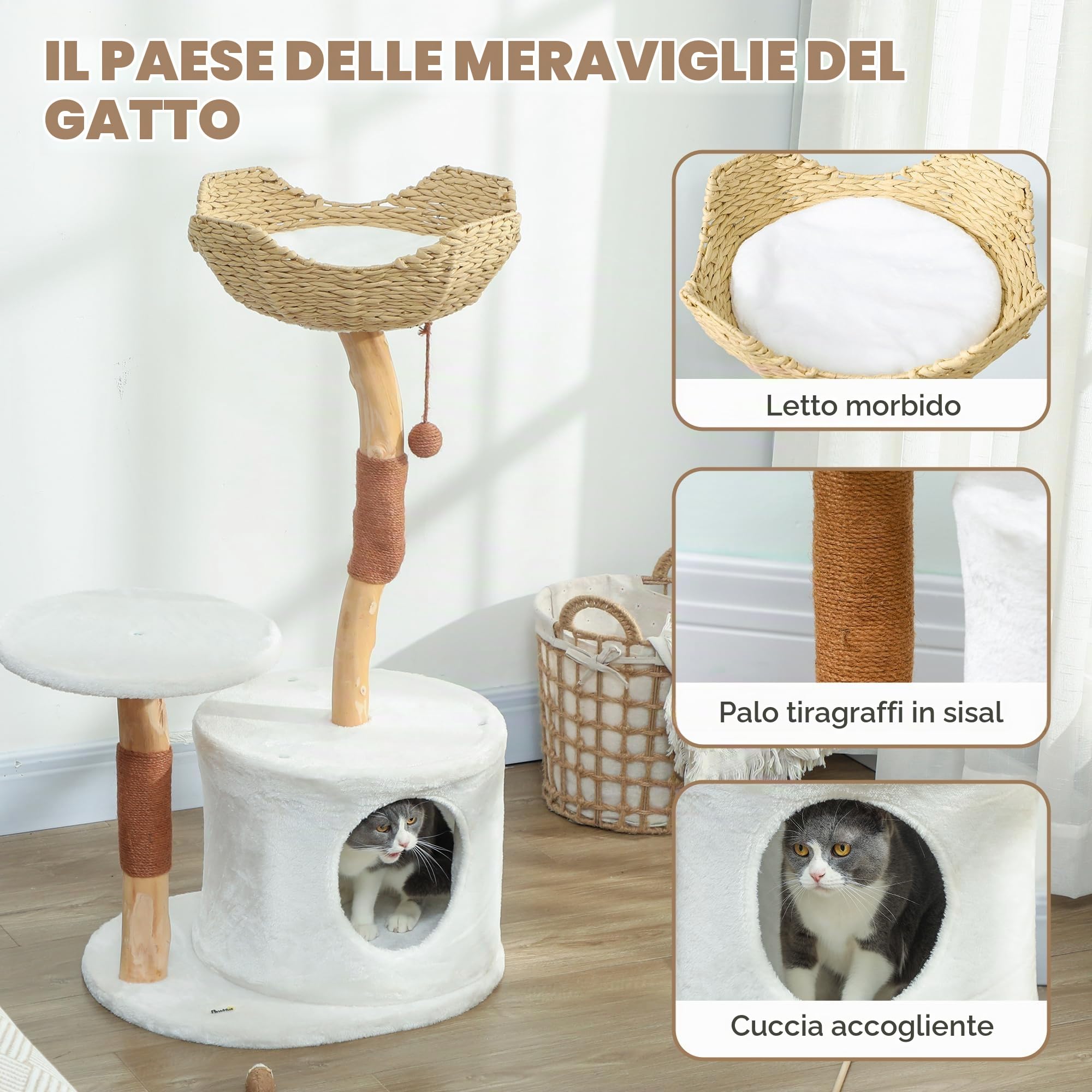 PawHut Albero per gatti altezza 102 cm, torre di gioco per gatti con tiragraffi, piattaforma, letto, cuccia, morbido cuscino lavabile, tessuto felpato, multilivello, bianco