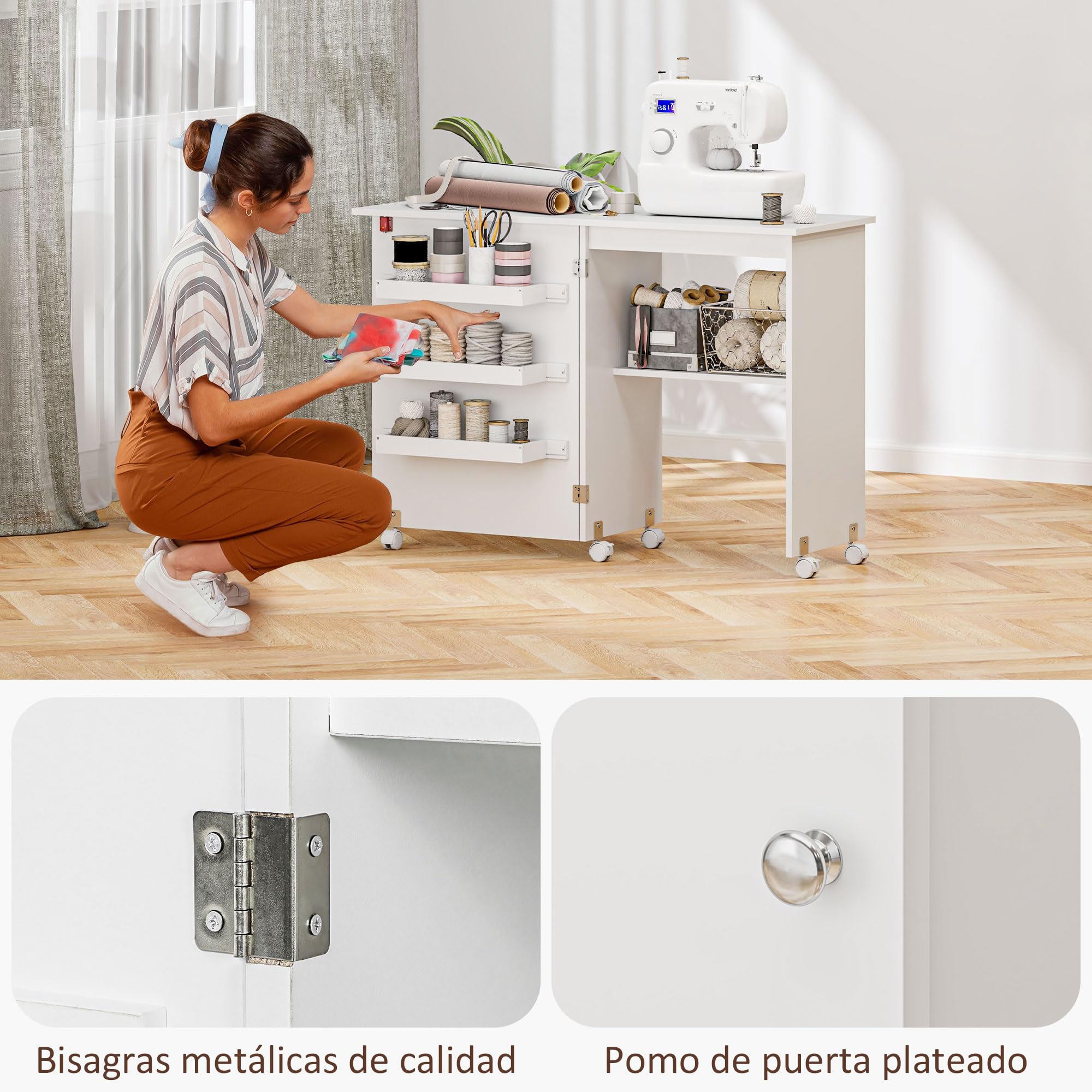 HOMCOM Mueble para Máquina de Coser Mesa Plegable de Costura con Compartimentos de Almacenamiento Estante Abierto y 5 Ruedas Mesa para Máquina de Coser para Dormitorio Salón Blanco
