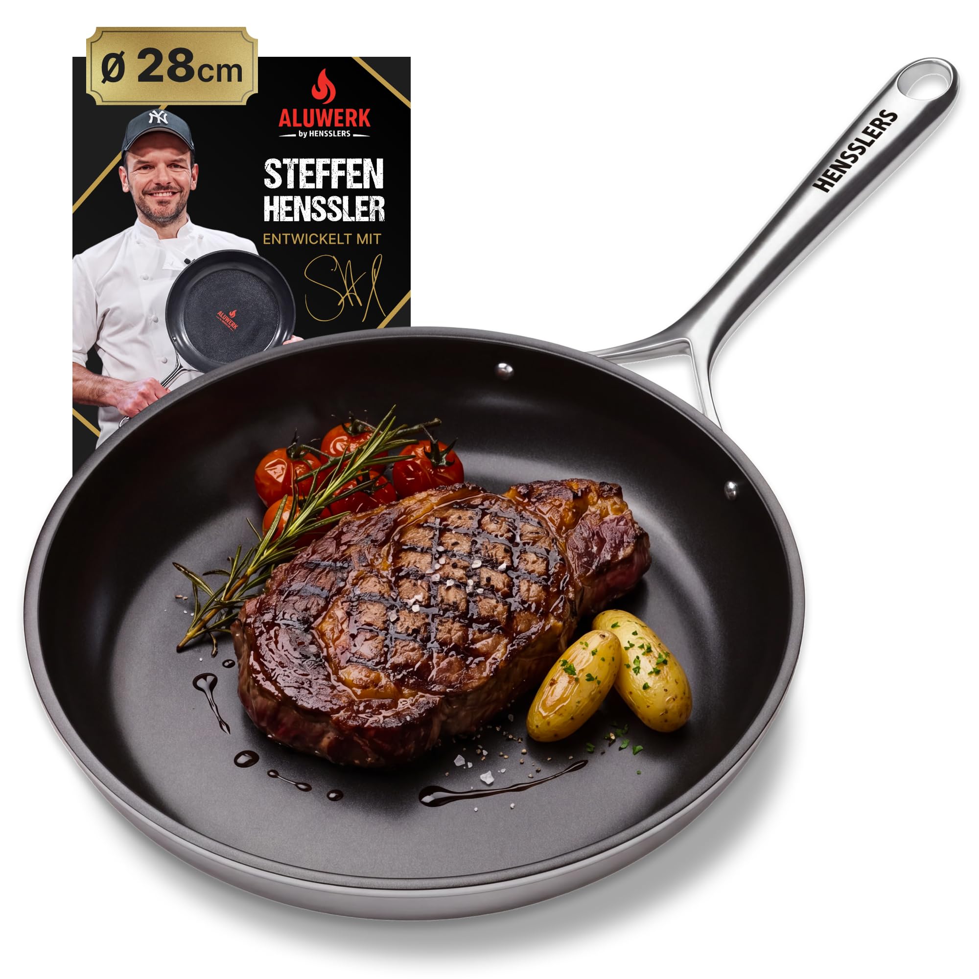ALUWERK Bratpfanne Induktion 28cm [TITANVERSTÄRKTE KERAMIK] | Pfanne Antihaftbeschichtet ohne PTFE & PFOA - Beschichtete Induktionspfanne mit hohem Rand Ofenfest - Non Stick Frying Pan