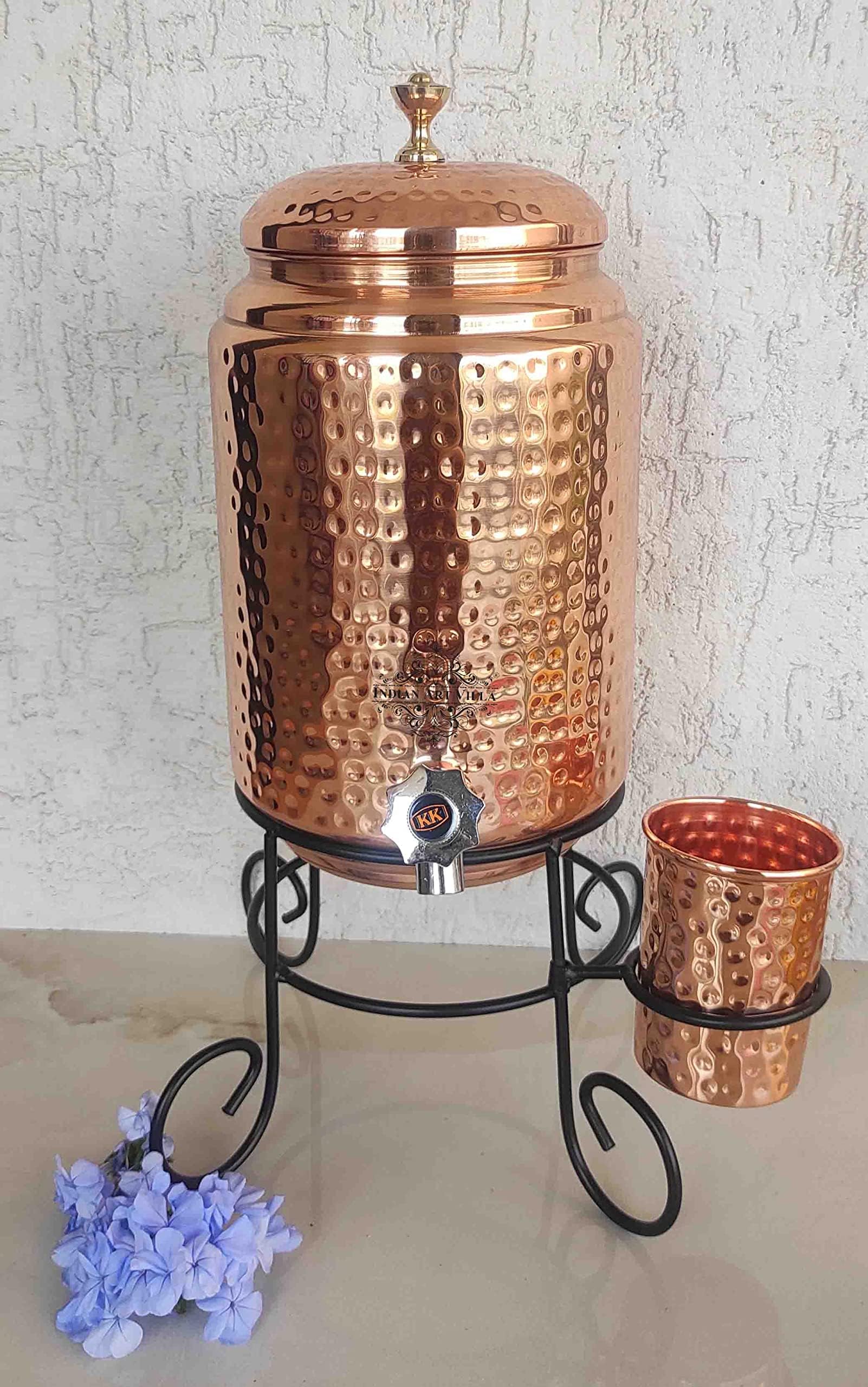 Handcrafted Pure Copper Hammered Design Water Pot Dispensers with Glass & Stand, Storage & Serving Water, leak proof lid & tap Volume- 169 Oz