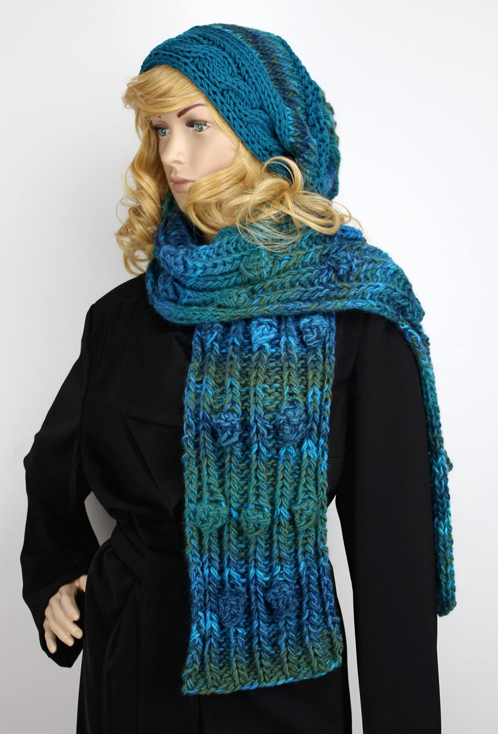 H.E.Arts Strickschal petrol meliert Damen Schal XXL handgestrickt Wollschal