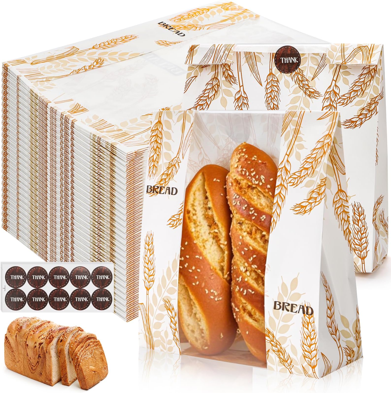 100 Pack Paper Bread Bags with Clear Window, 10 x 14 x 4 Inch Homemade Bread Loaf Bag with Stickers, Large Bakery Bags Sourdough Bread Storage Bag for Popcorn, Cookies, Snacks
