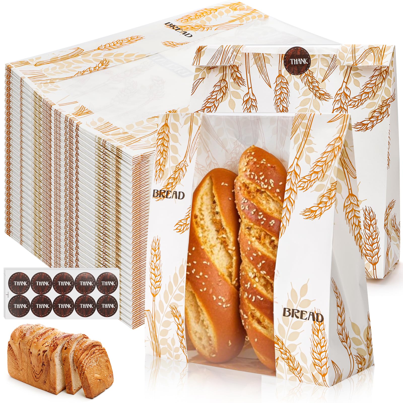 Paquete de 100 bolsas de papel para pan con ventana transparente, 10 x 14 x 4 pulgadas, bolsa de pan casera con calcomanías, bolsas grandes de panadería, bolsa de almacenamiento de pan de masa