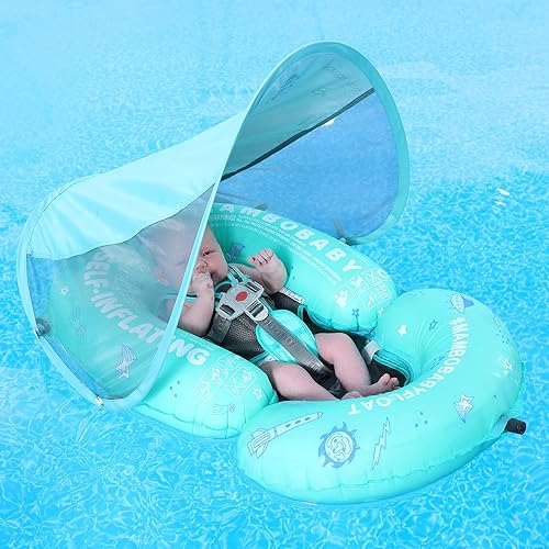 HECCEI Agregar cola Flotador autoinflable plegable para bebé Mambobaby con toldo Verde