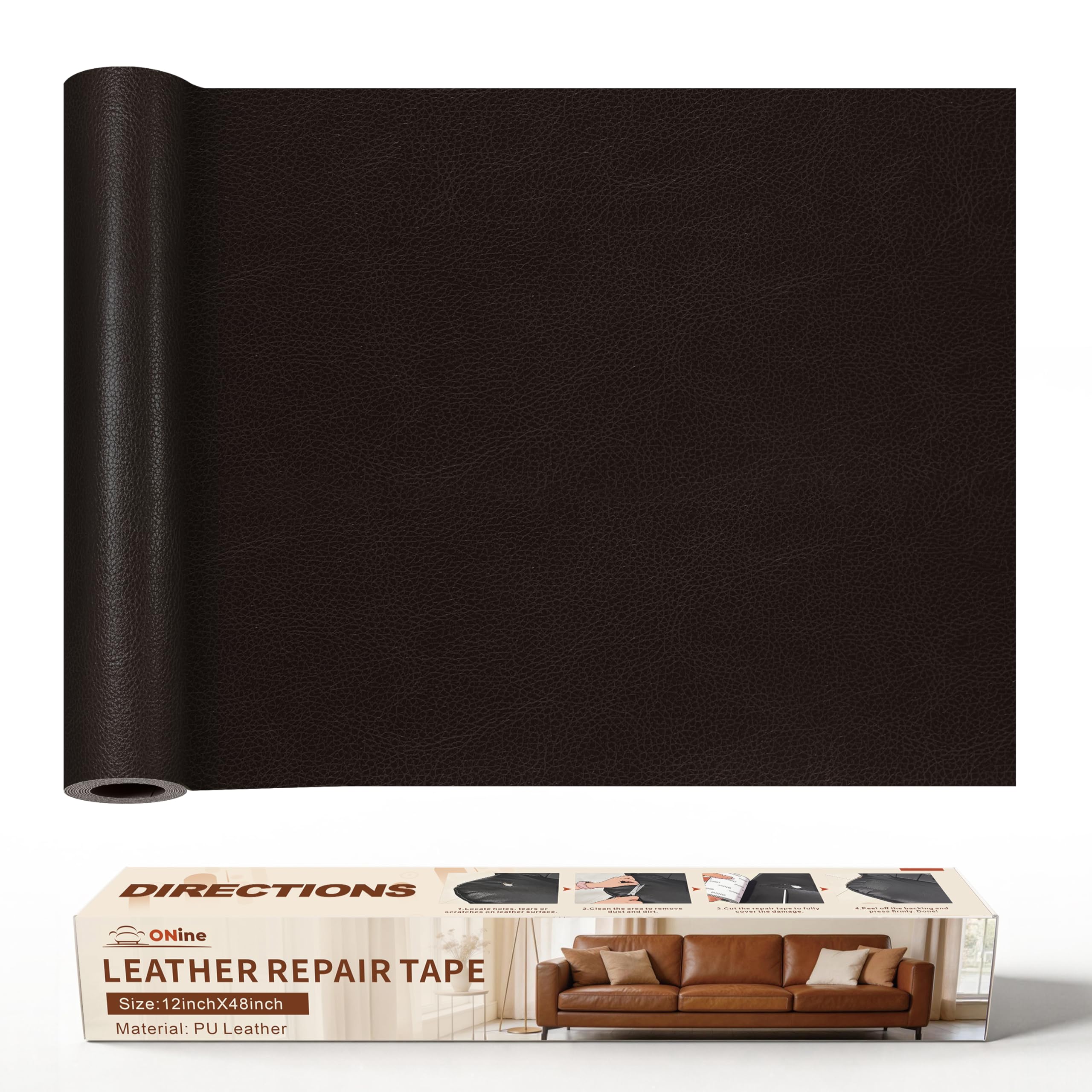 ONine Leather Repair Patch，Leather Repair Tape, 12 x 48 inches Leather Repair Patch for Furniture,Vinyl Repair Kit，Leather Couch Patch，for Sofas, Furniture, Car Seats, Office Chairs (Black Brown)